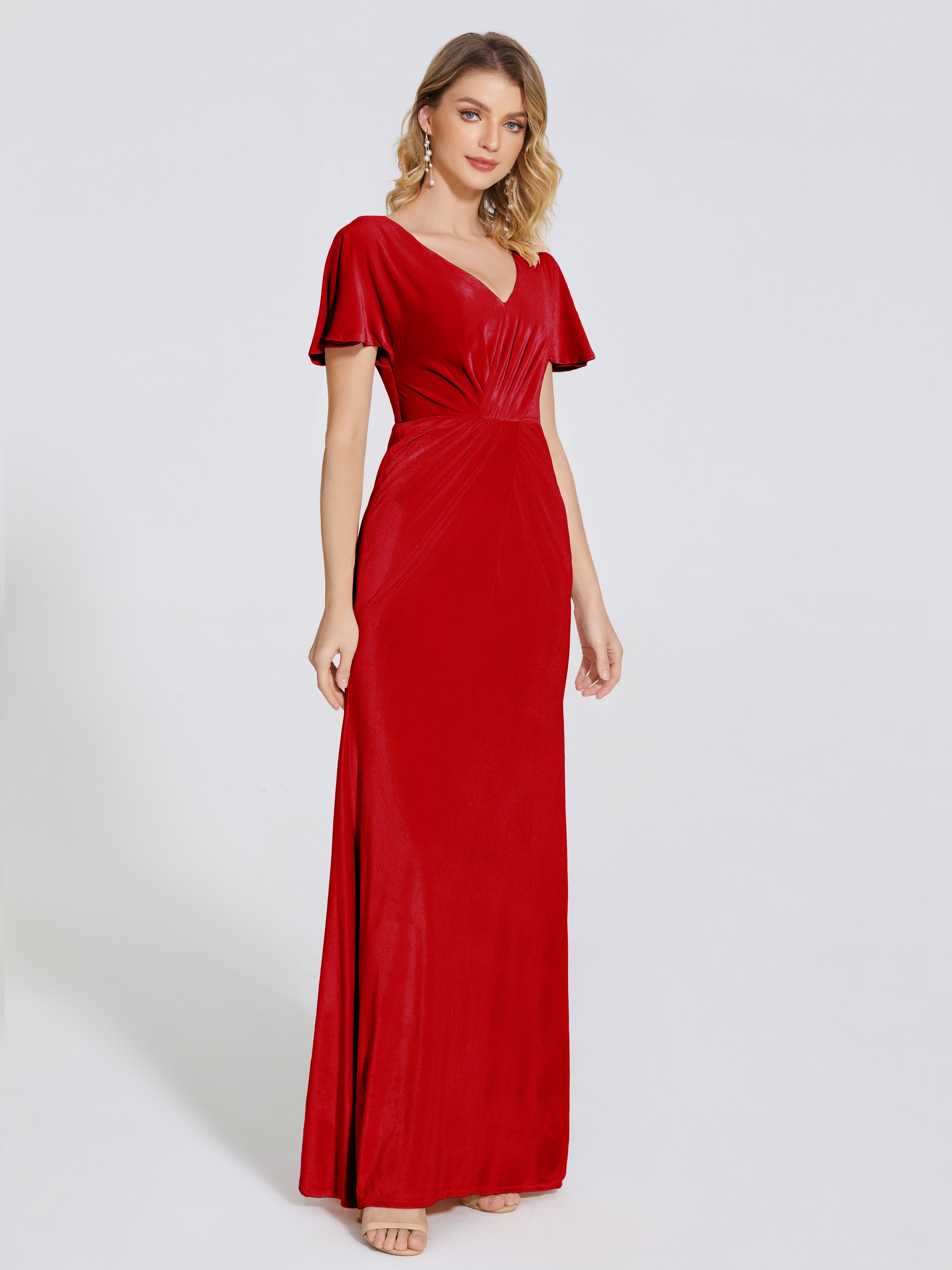 Summer Sheath Velvet Bridesmaid Dress With Short Sleeves