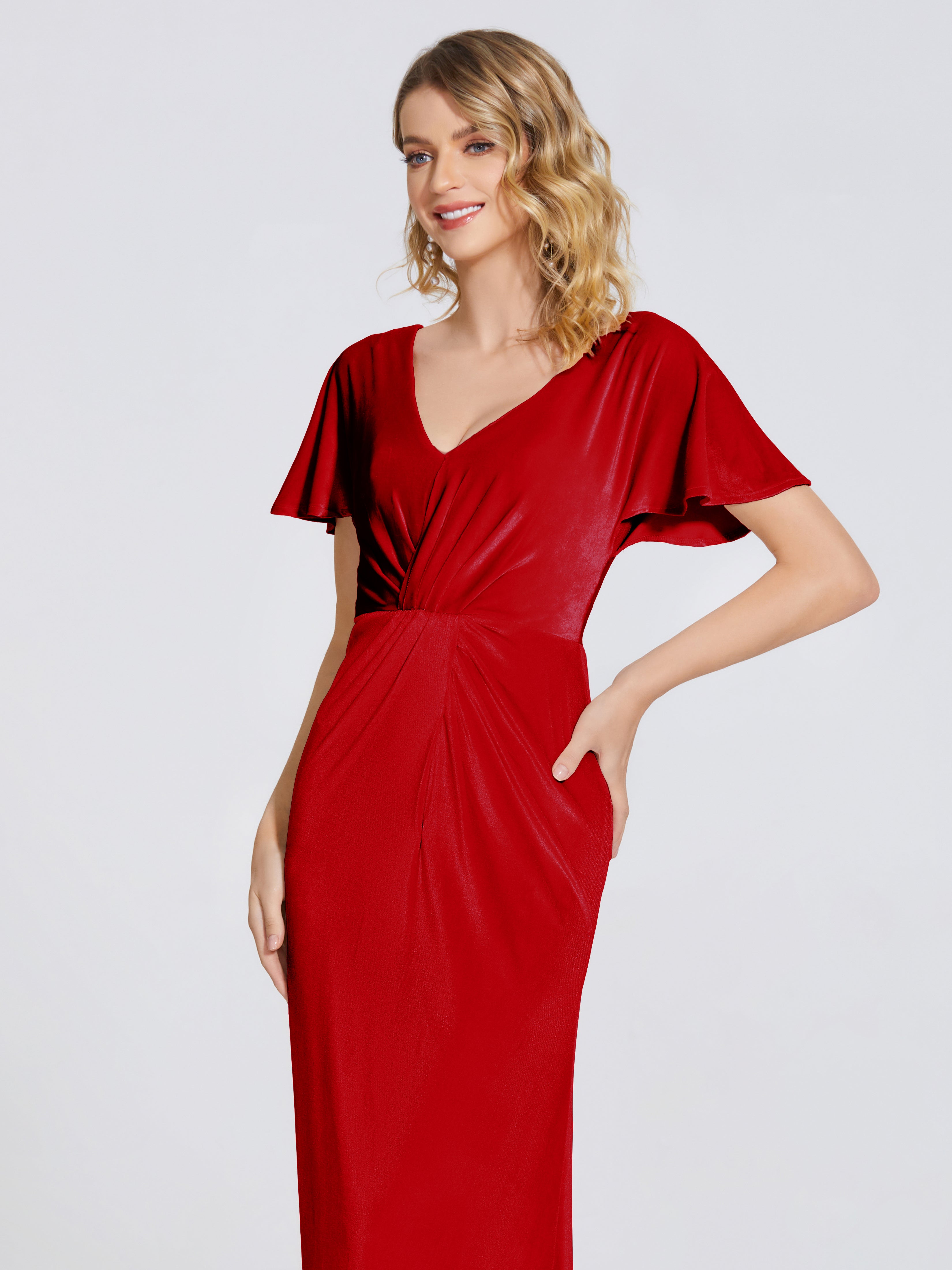 Summer Sheath Velvet Bridesmaid Dress With Short Sleeves