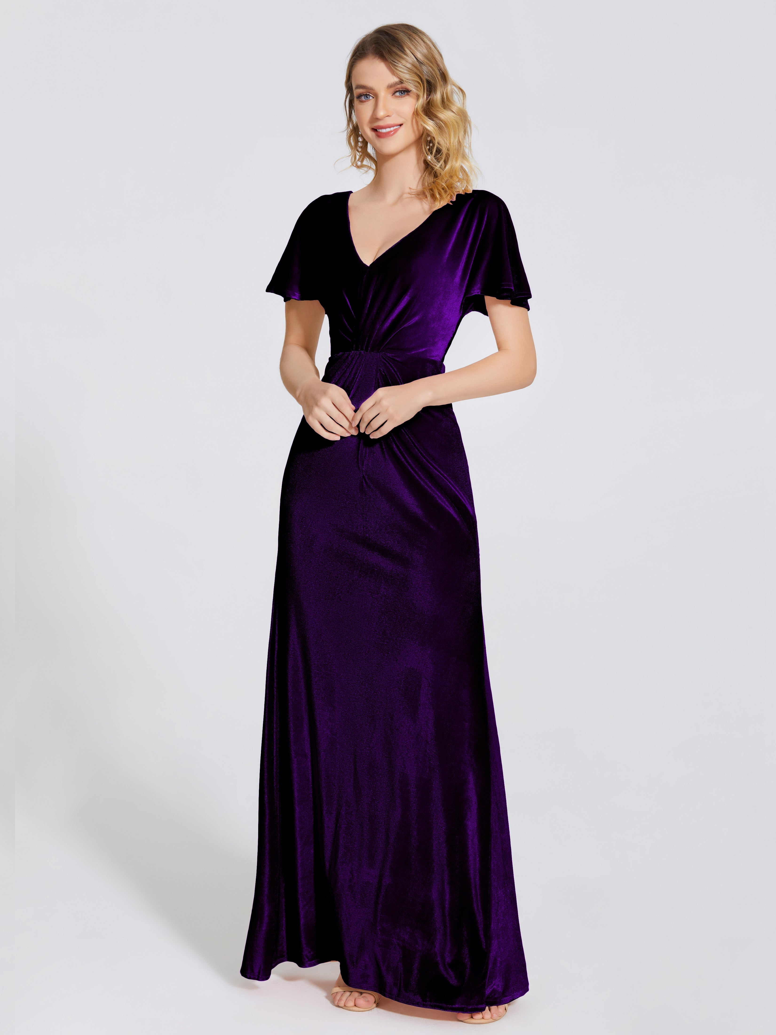 Summer Sheath Velvet Bridesmaid Dress With Short Sleeves