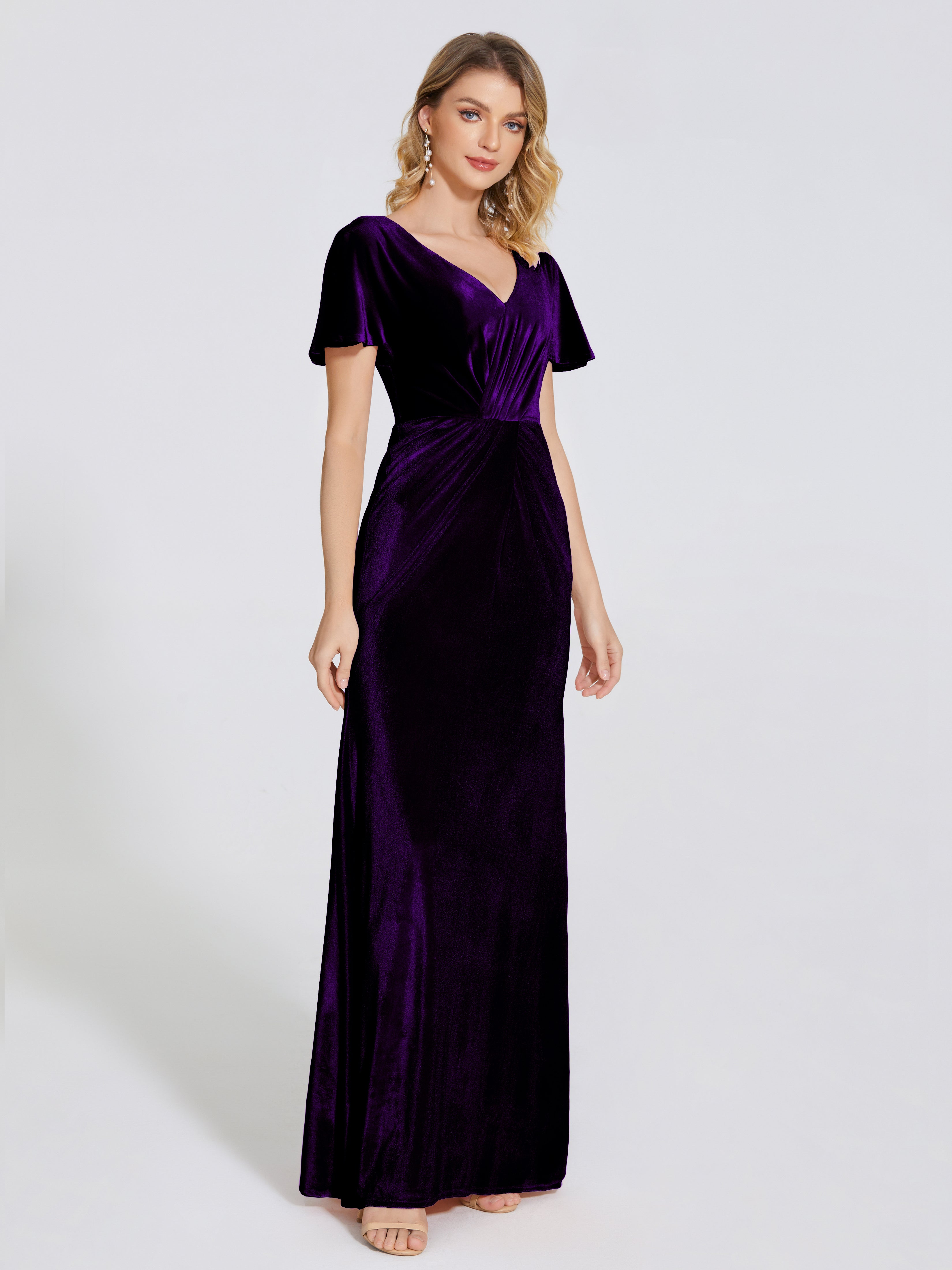 Summer Sheath Velvet Bridesmaid Dress With Short Sleeves