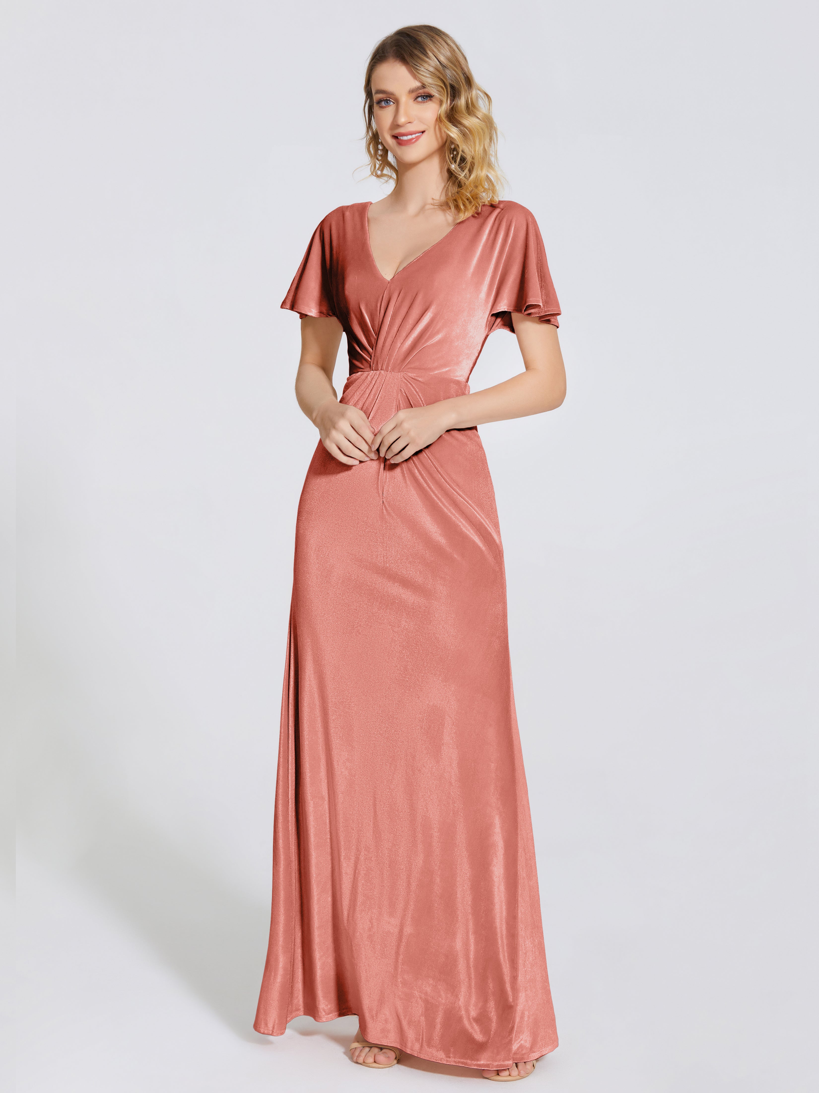 Summer Sheath Velvet Bridesmaid Dress With Short Sleeves