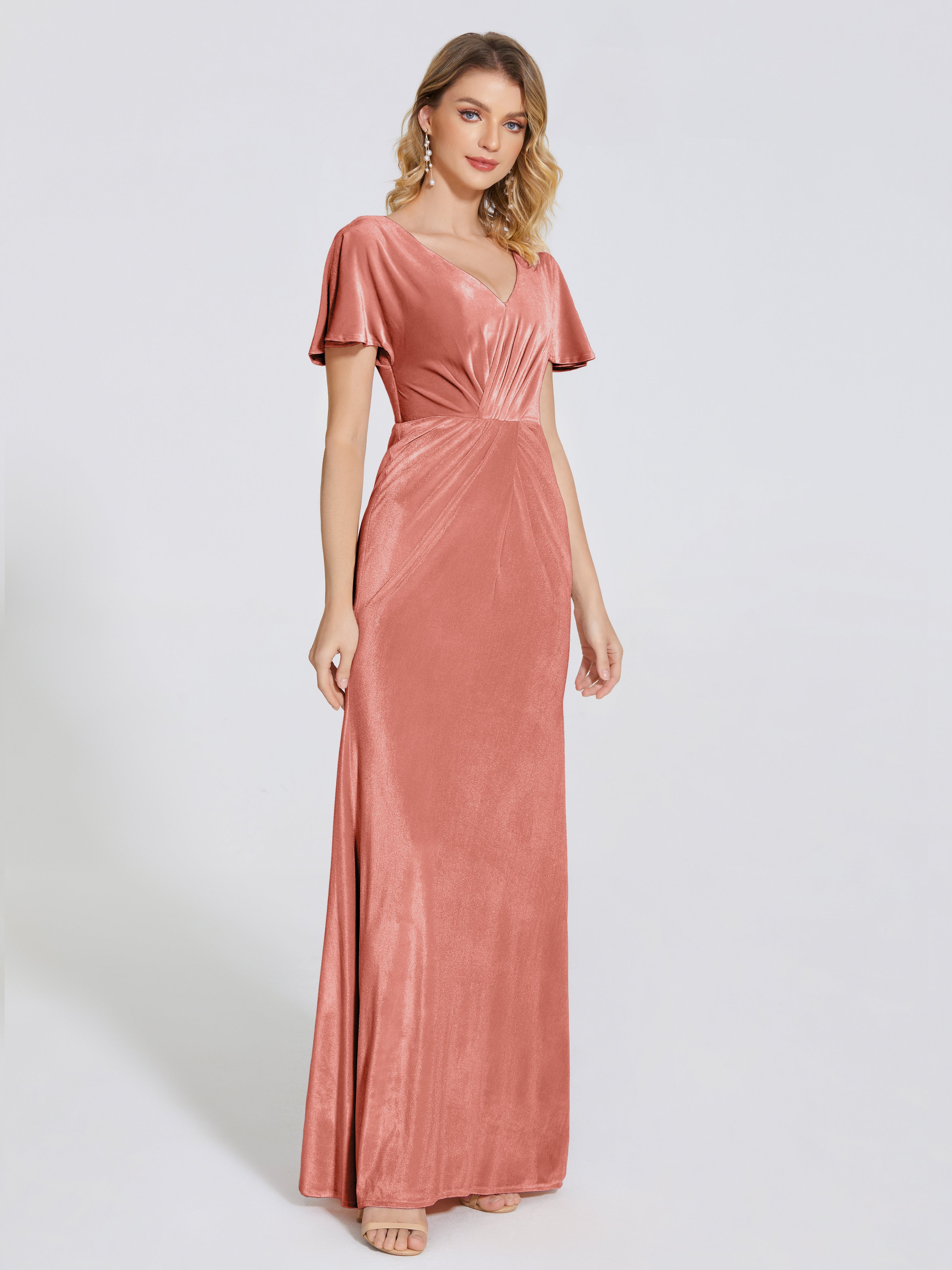Summer Sheath Velvet Bridesmaid Dress With Short Sleeves