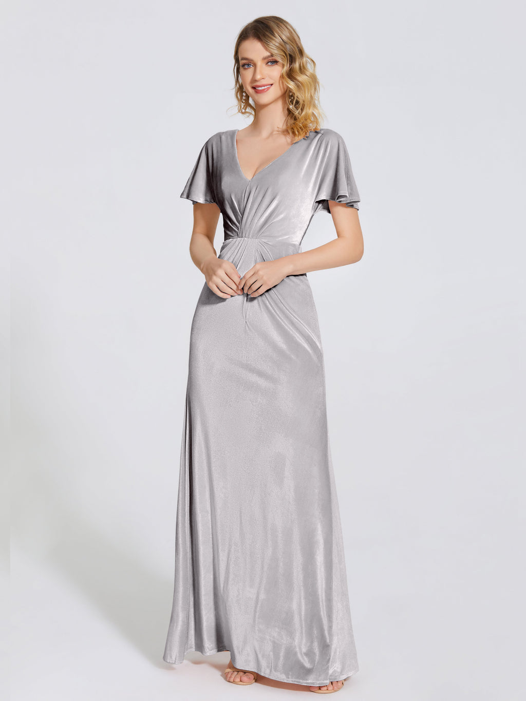 Summer Sheath Velvet Bridesmaid Dress With Short Sleeves