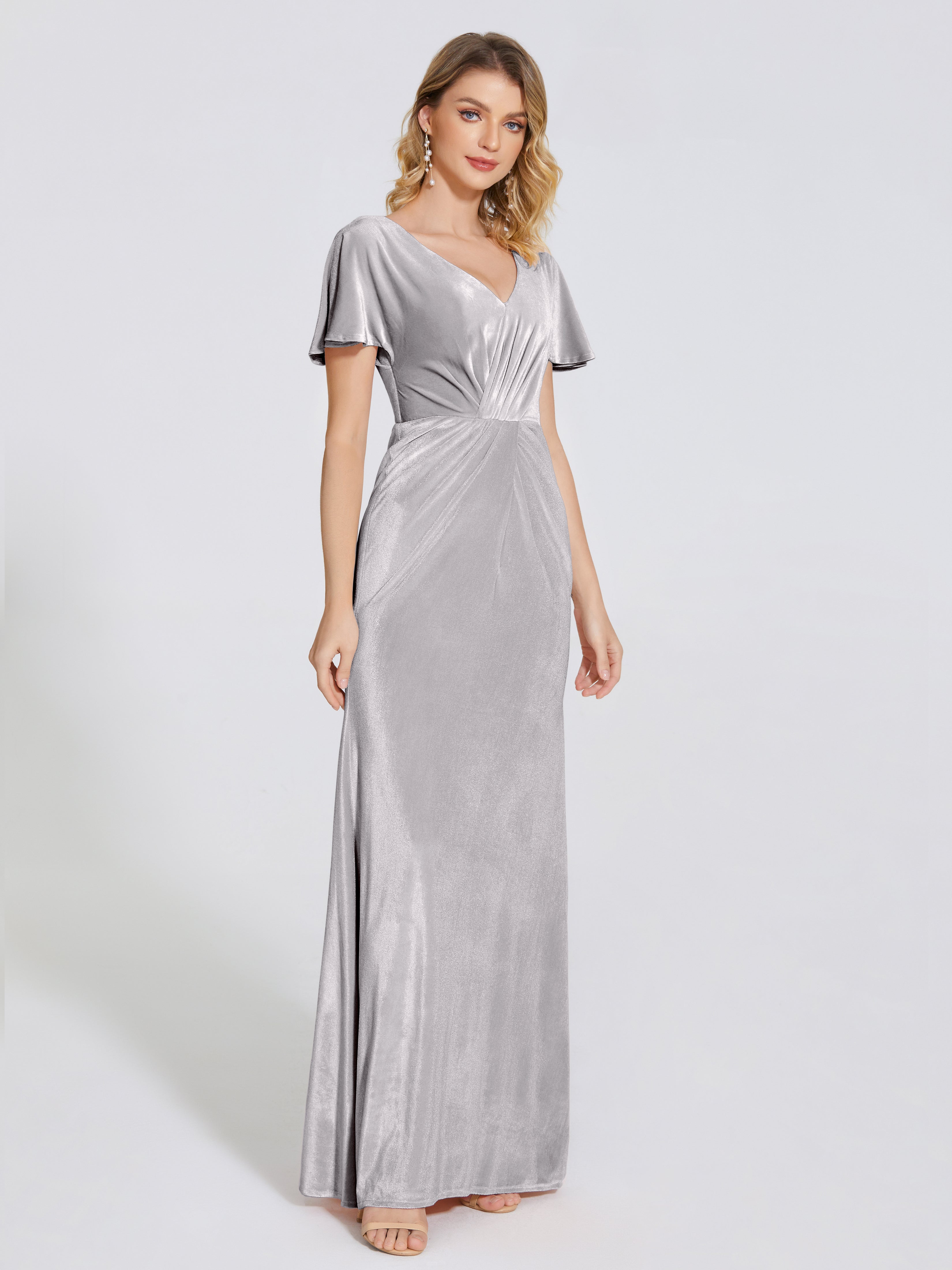 Summer Sheath Velvet Bridesmaid Dress With Short Sleeves