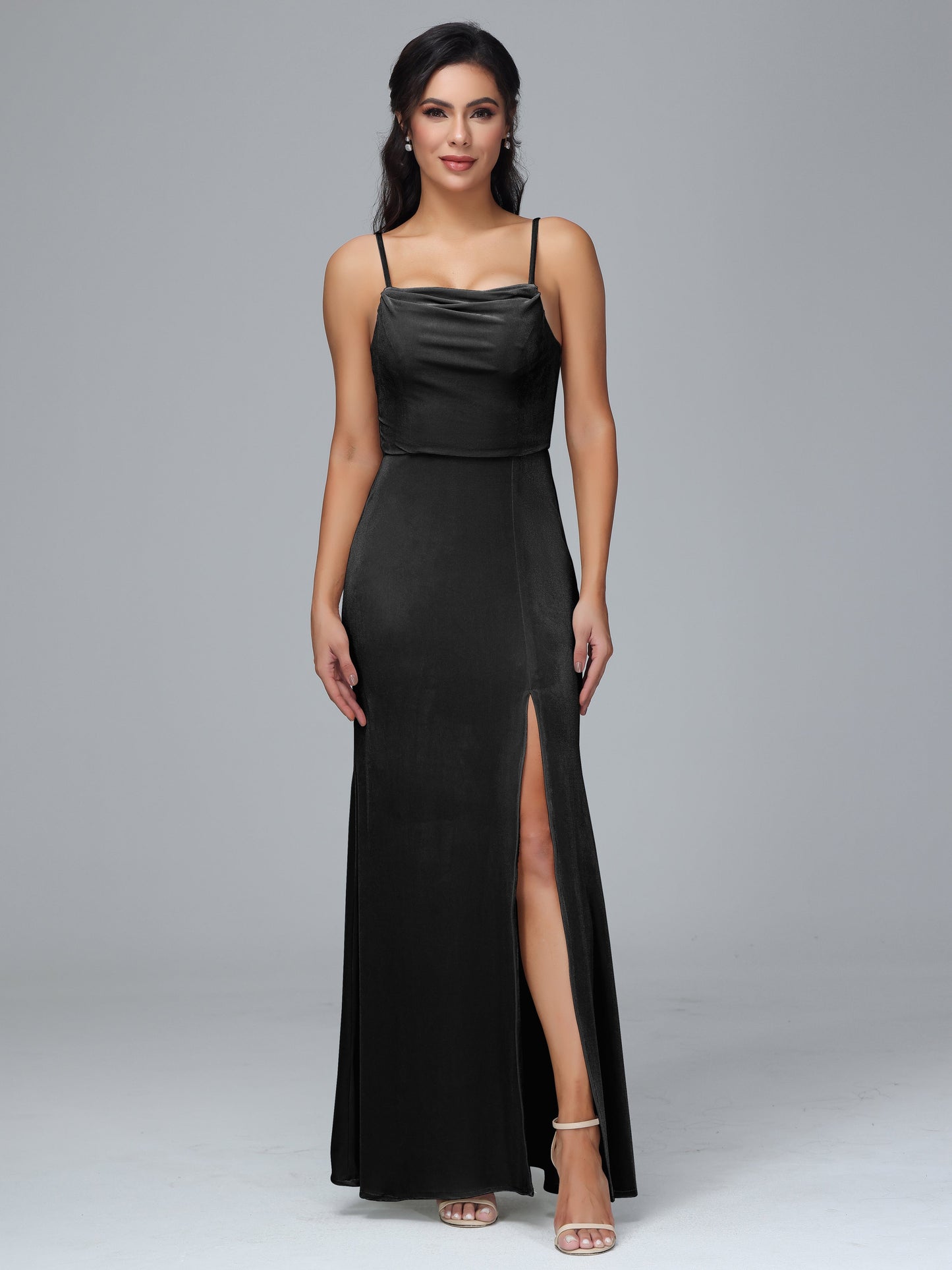 Spaghetti Straps Zipper Back Velvet Bridesmaid Dress With Slit