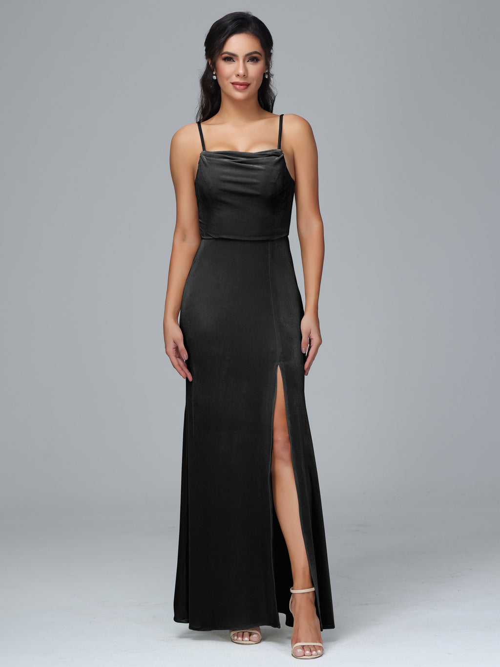 Spaghetti Straps Zipper Back Plus Size Velvet Bridesmaid Dress With Slit