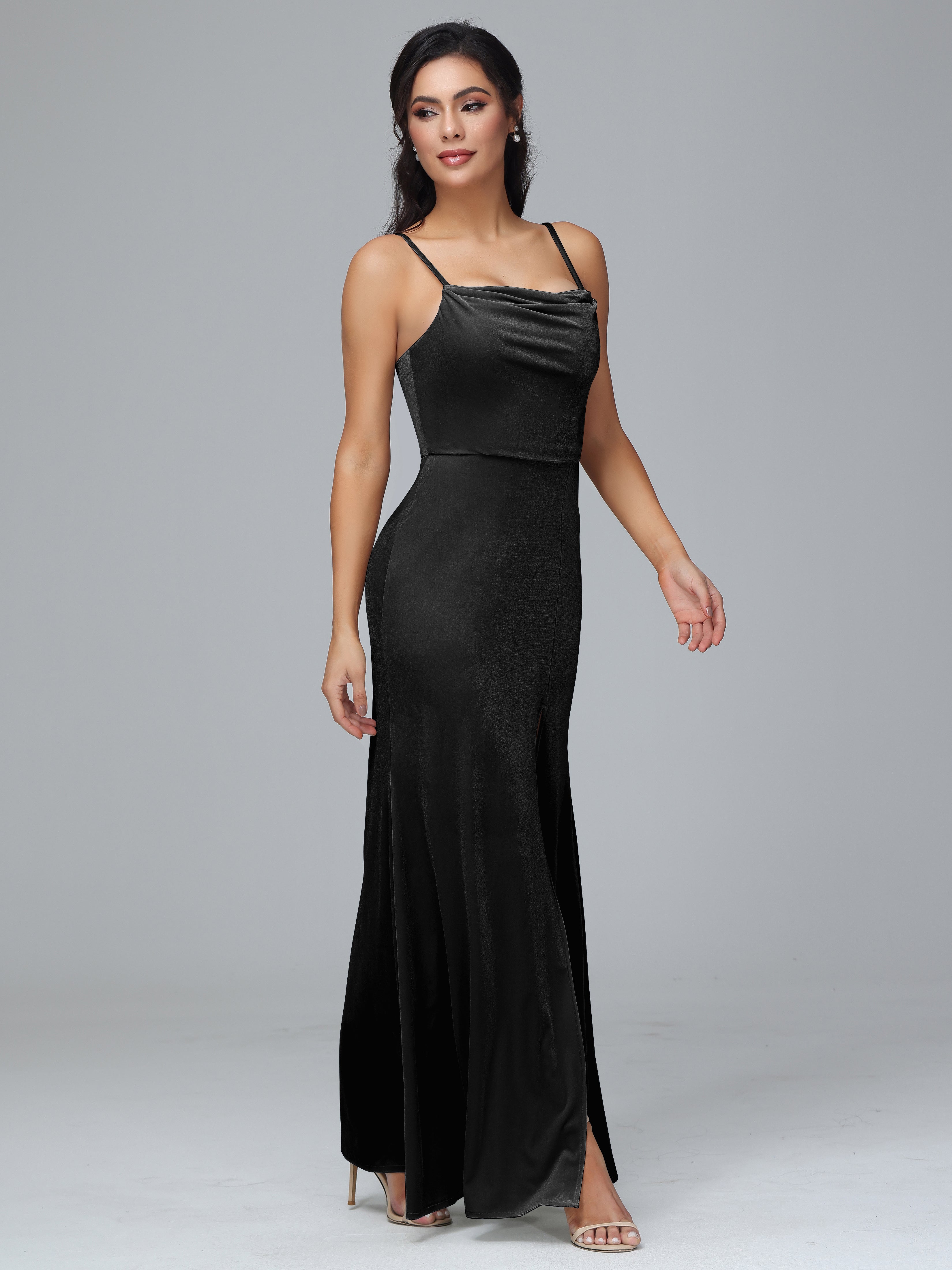 Spaghetti Straps Zipper Back Plus Size Velvet Bridesmaid Dress With Slit