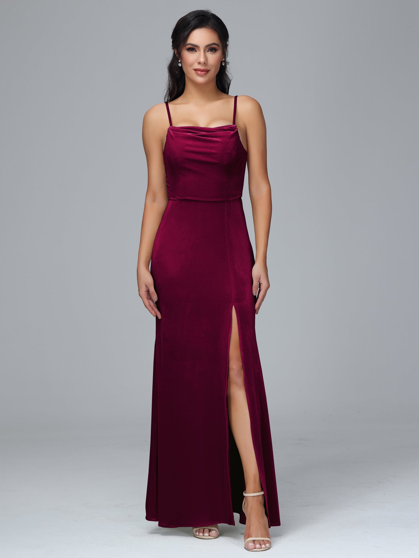 Spaghetti Straps Zipper Back Velvet Bridesmaid Dress With Slit