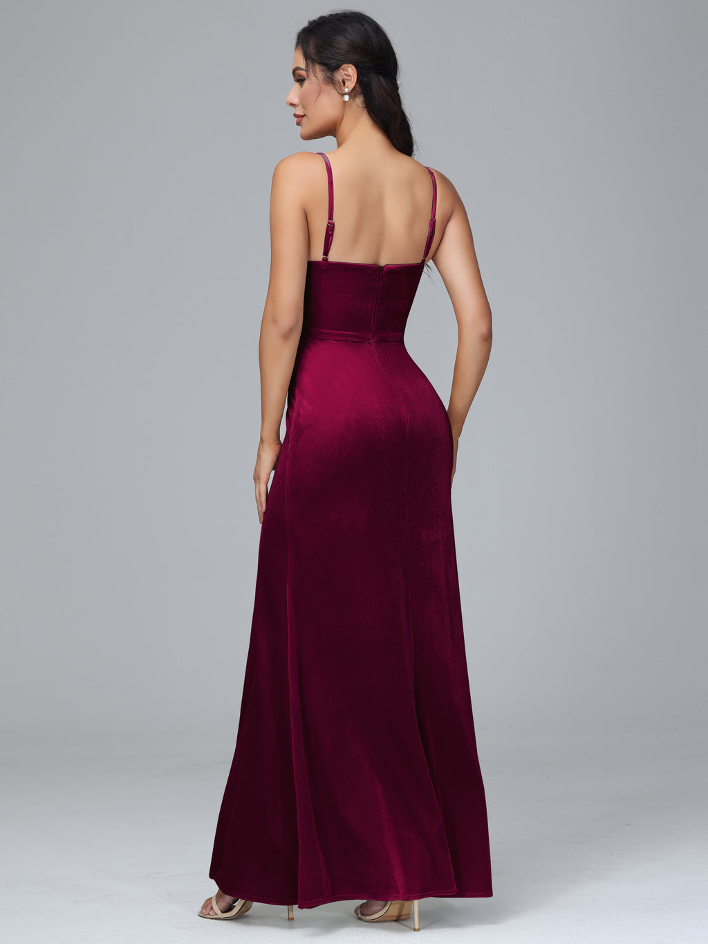Spaghetti Straps Zipper Back Plus Size Velvet Bridesmaid Dress With Slit