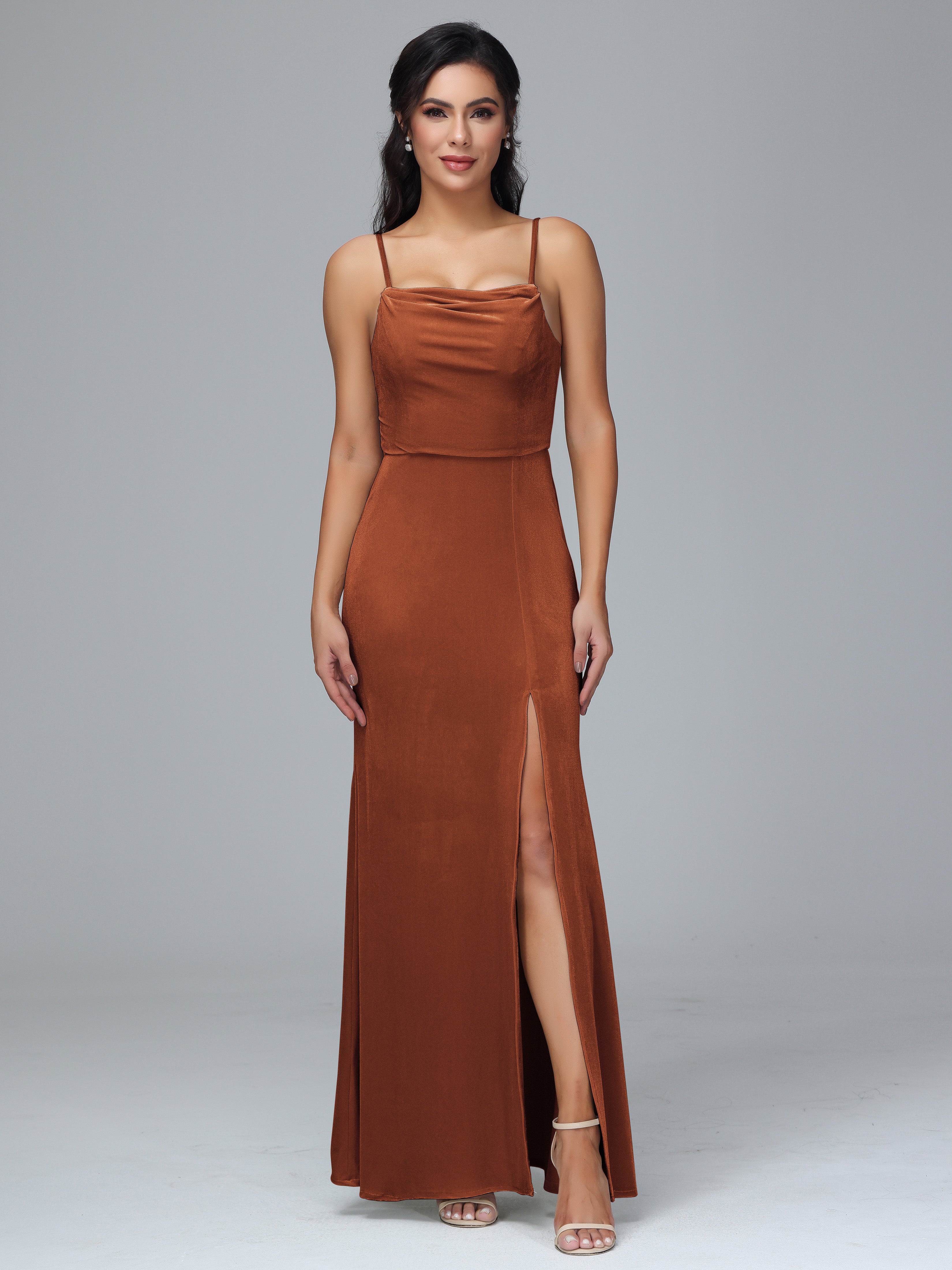 Spaghetti Straps Zipper Back Plus Size Velvet Bridesmaid Dress With Slit