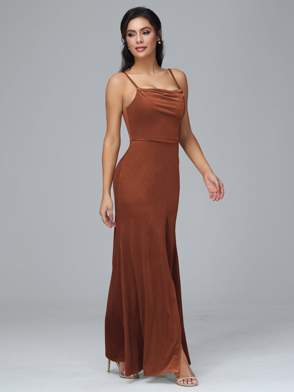 Spaghetti Straps Zipper Back Plus Size Velvet Bridesmaid Dress With Slit