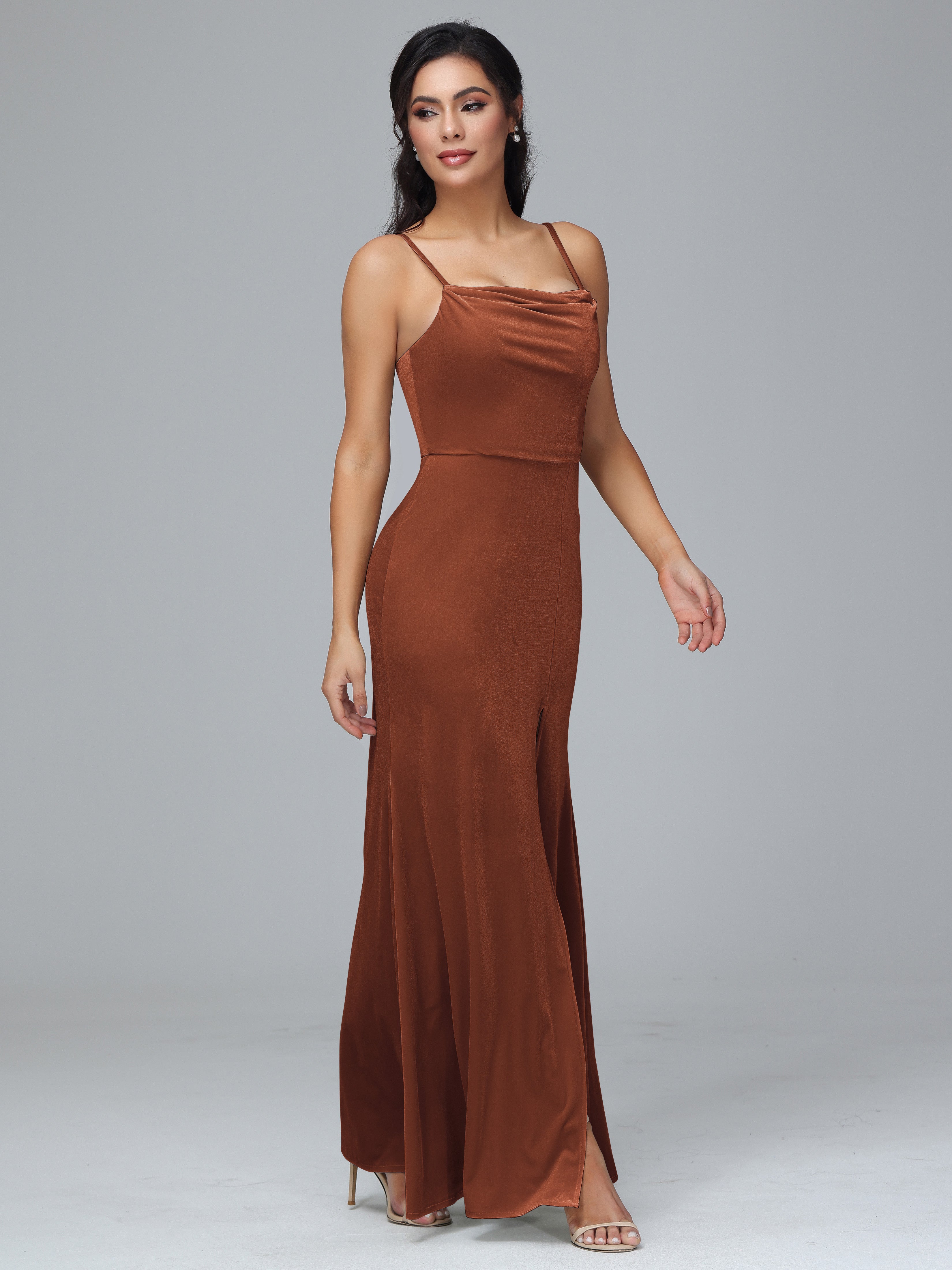 Spaghetti Straps Zipper Back Plus Size Velvet Bridesmaid Dress With Slit