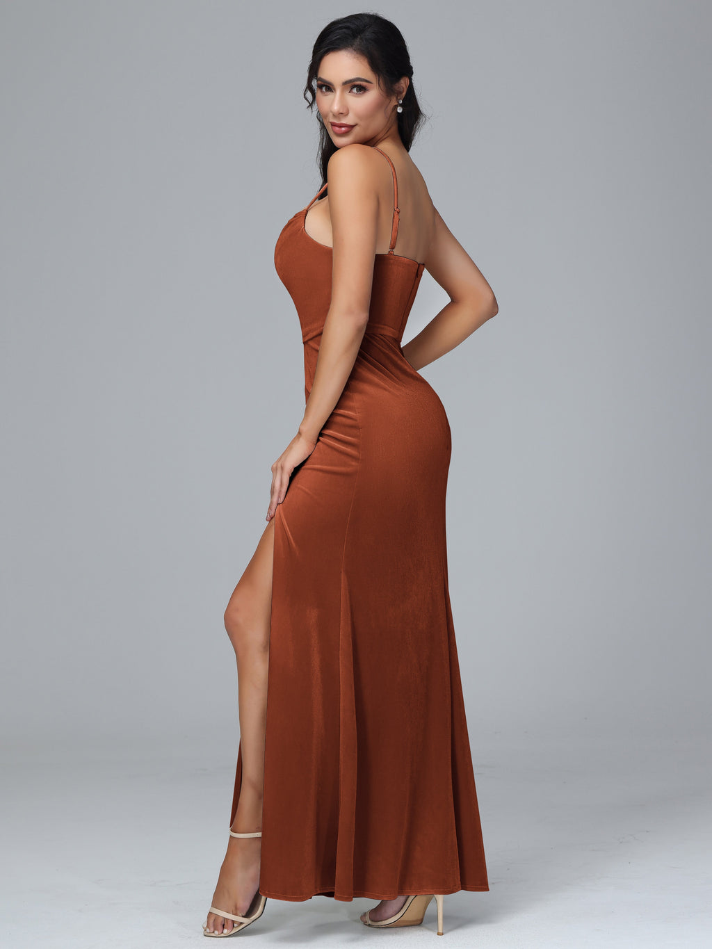 Spaghetti Straps Zipper Back Plus Size Velvet Bridesmaid Dress With Slit