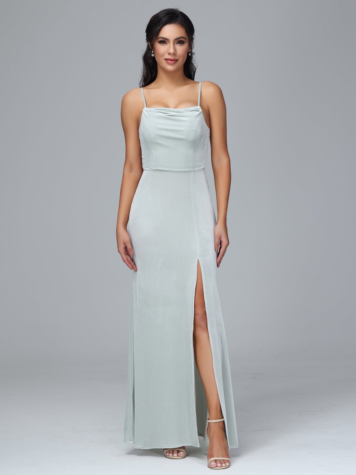 Spaghetti Straps Zipper Back Velvet Bridesmaid Dress With Slit