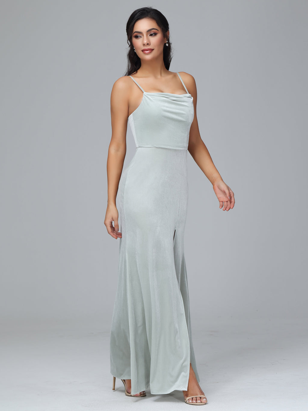 Spaghetti Straps Zipper Back Plus Size Velvet Bridesmaid Dress With Slit