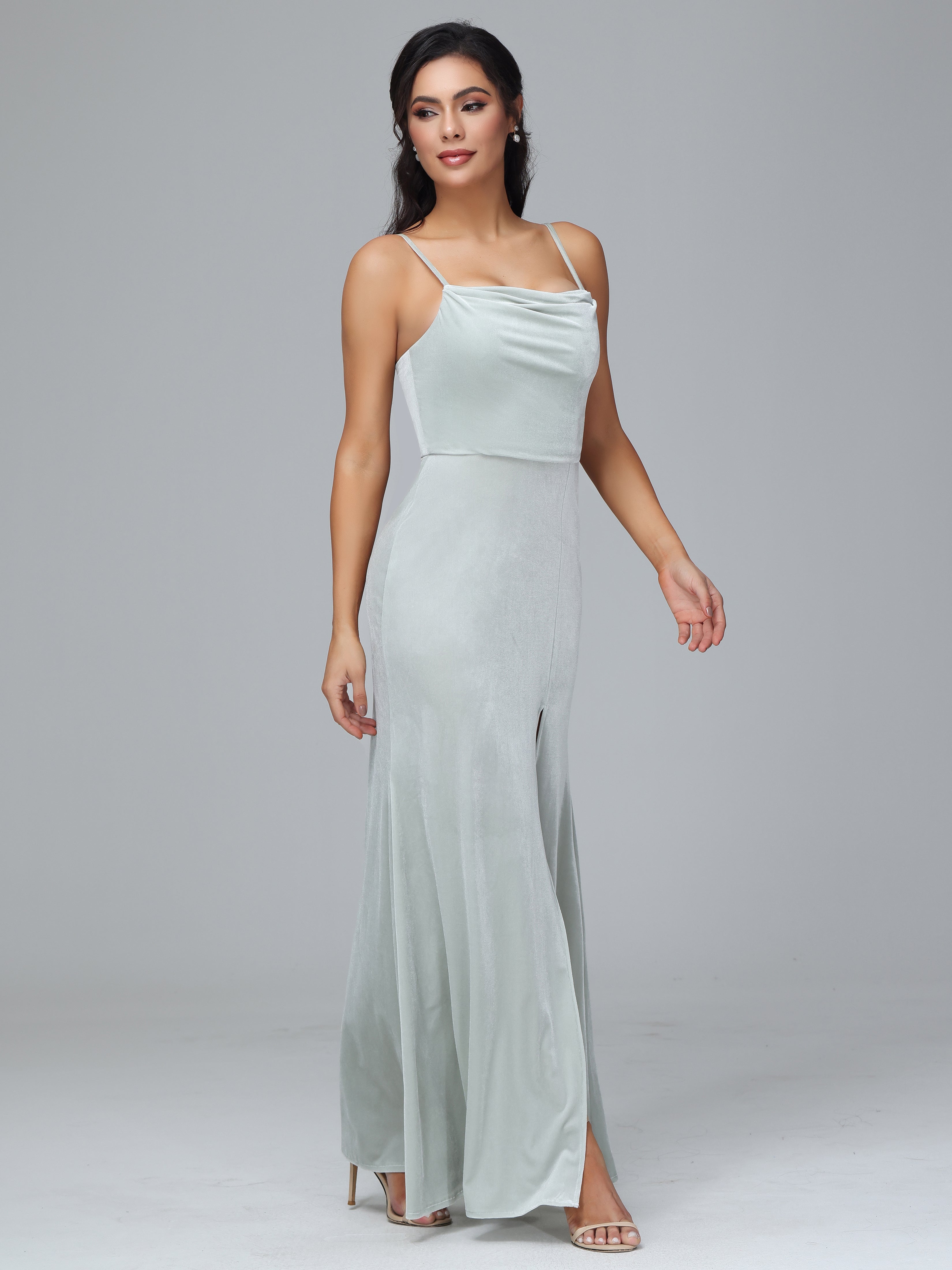 Spaghetti Straps Zipper Back Plus Size Velvet Bridesmaid Dress With Slit
