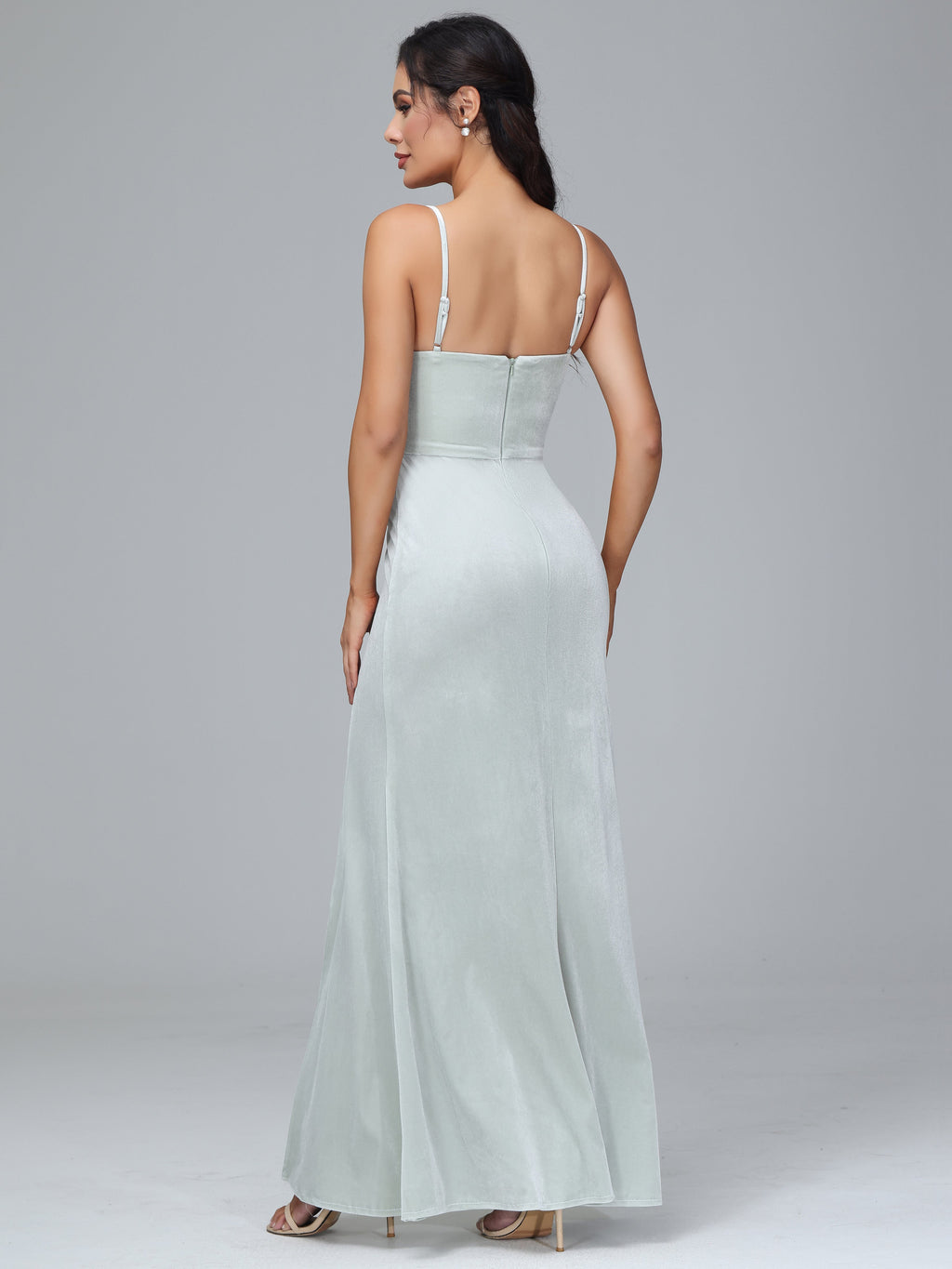 Spaghetti Straps Zipper Back Plus Size Velvet Bridesmaid Dress With Slit