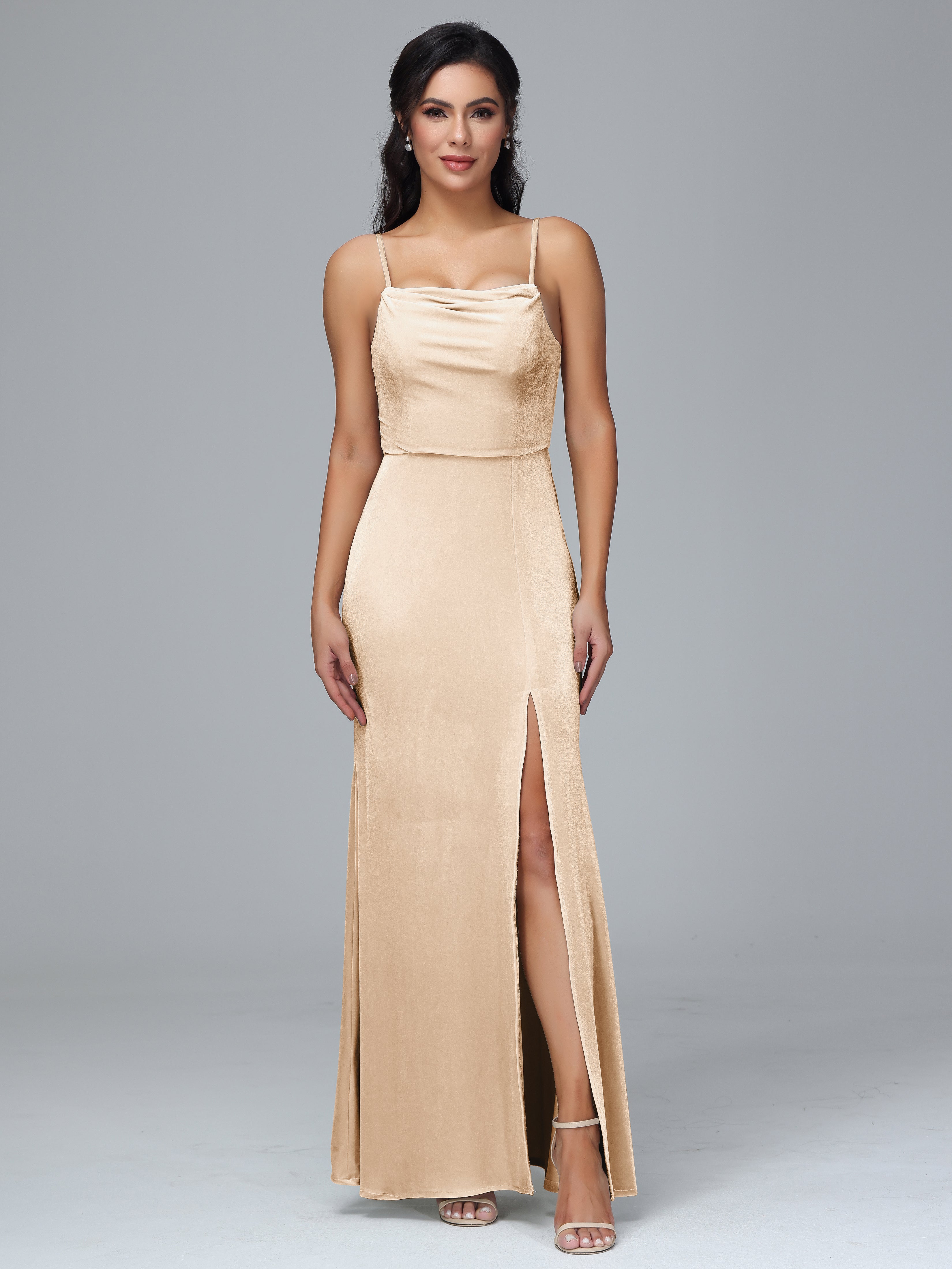 Spaghetti Straps Zipper Back Plus Size Velvet Bridesmaid Dress With Slit