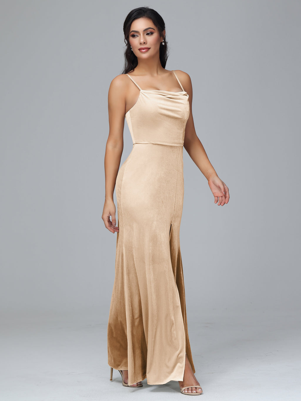 Spaghetti Straps Zipper Back Plus Size Velvet Bridesmaid Dress With Slit