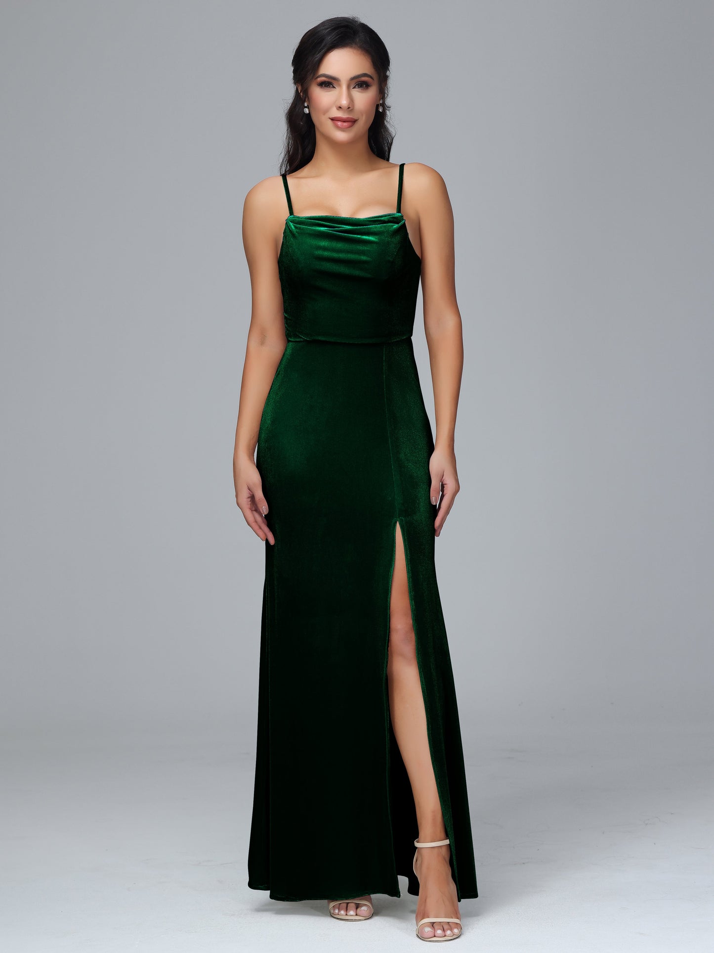 Spaghetti Straps Zipper Back Velvet Bridesmaid Dress With Slit