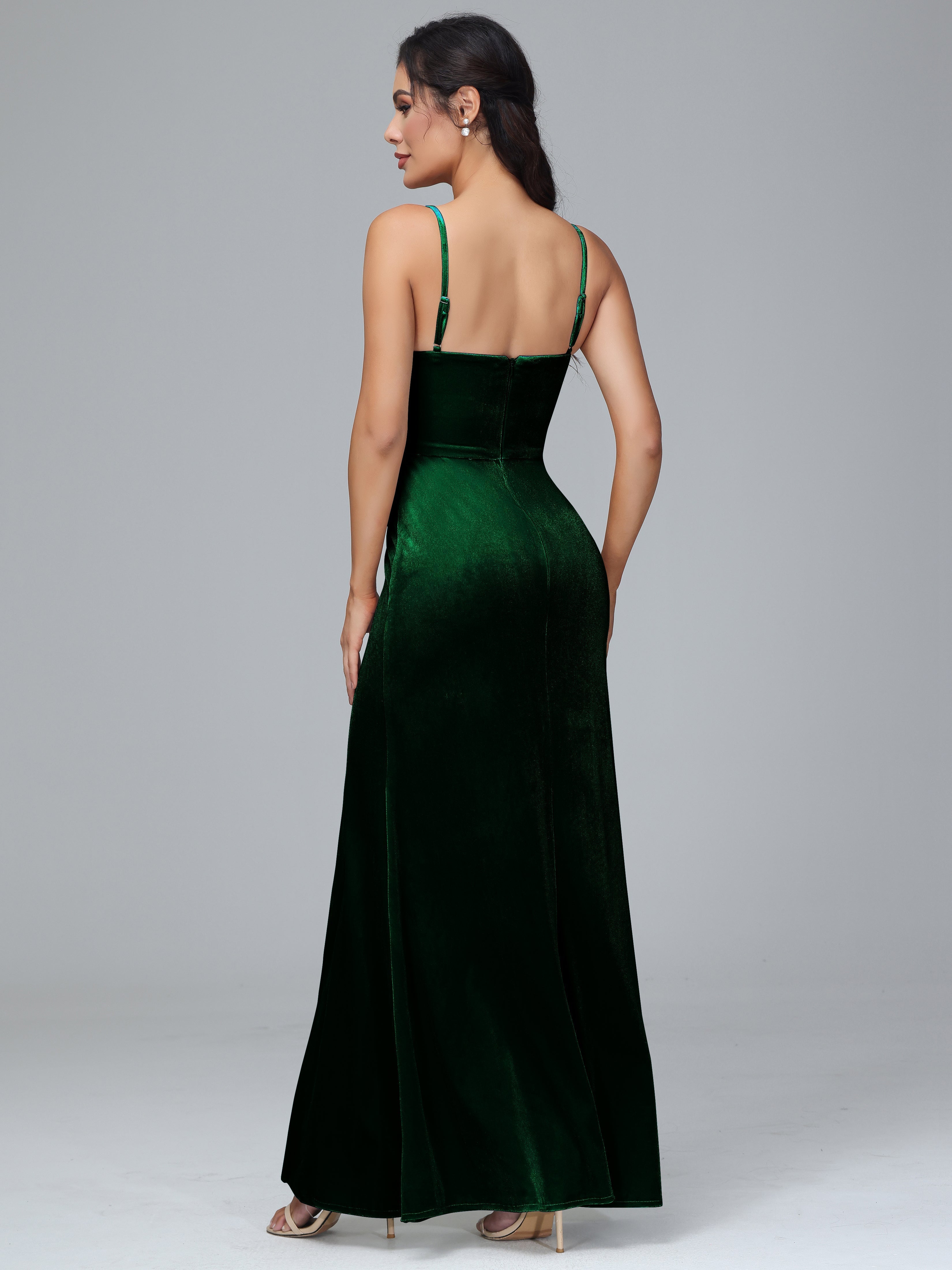 Spaghetti Straps Zipper Back Plus Size Velvet Bridesmaid Dress With Slit