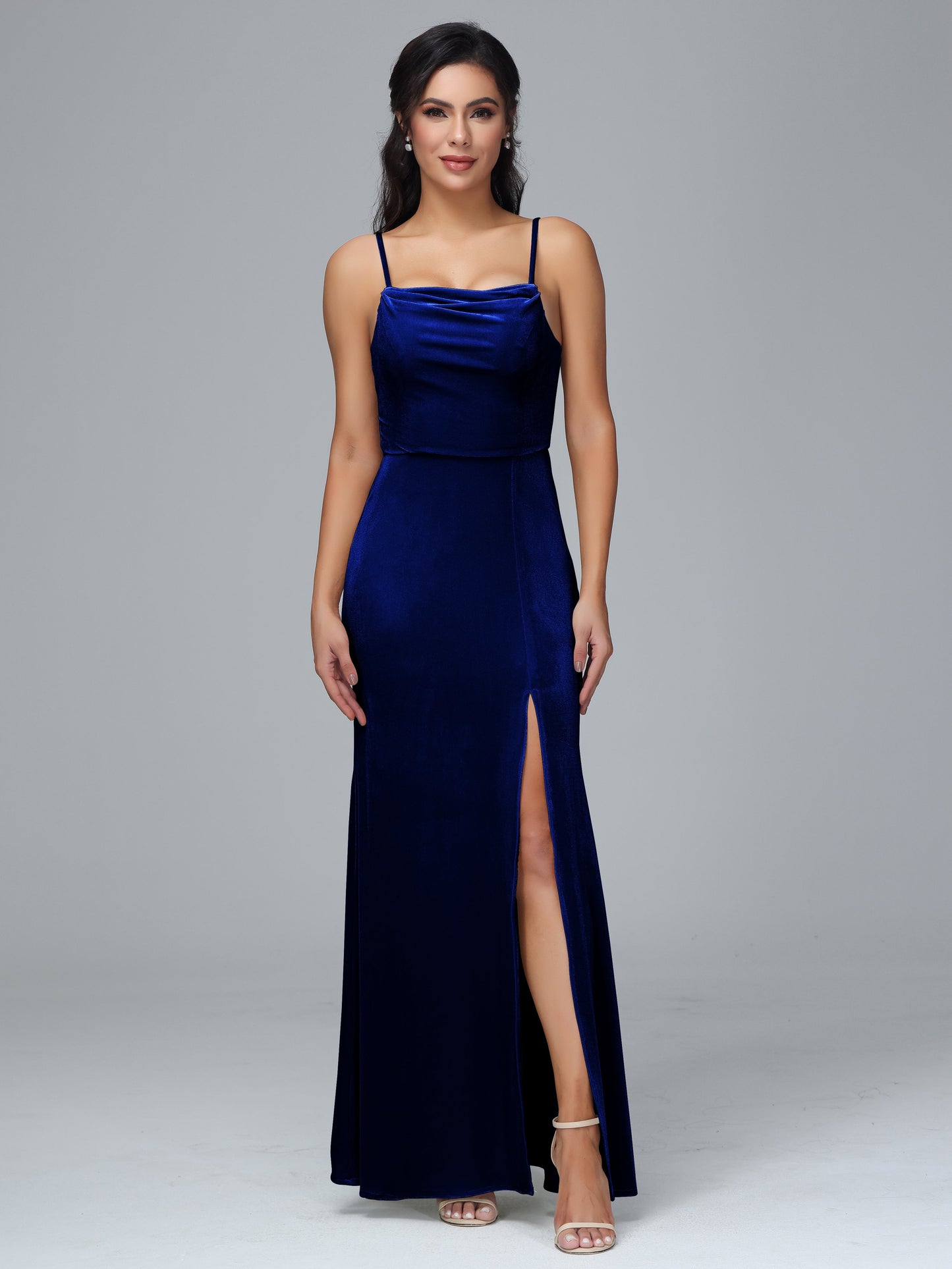 Spaghetti Straps Zipper Back Velvet Bridesmaid Dress With Slit