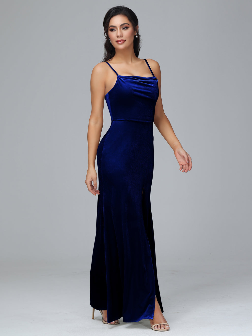 Spaghetti Straps Zipper Back Plus Size Velvet Bridesmaid Dress With Slit