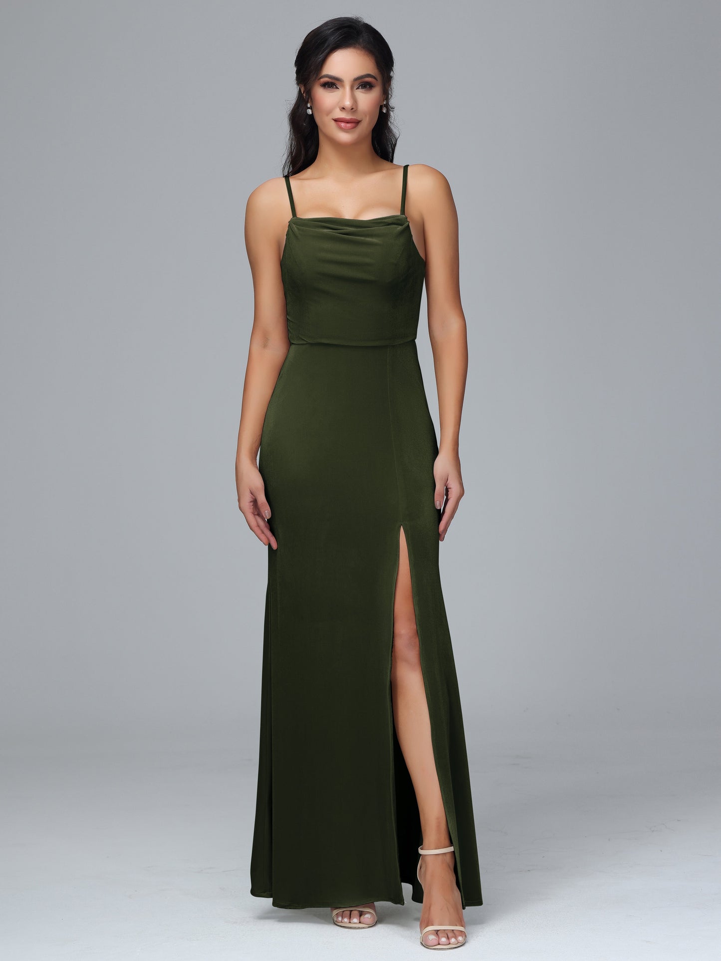 Spaghetti Straps Zipper Back Velvet Bridesmaid Dress With Slit