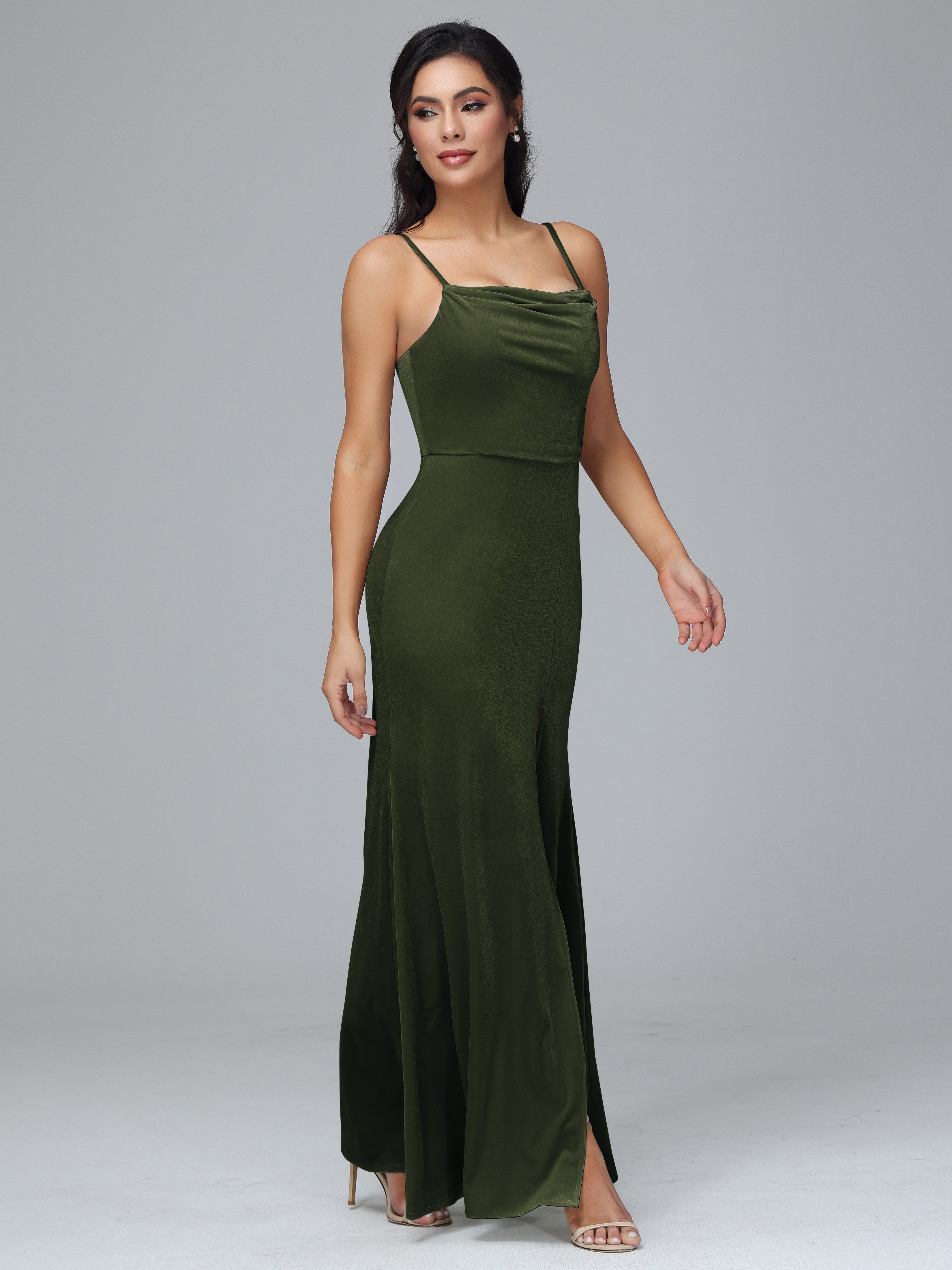 Spaghetti Straps Zipper Back Plus Size Velvet Bridesmaid Dress With Slit