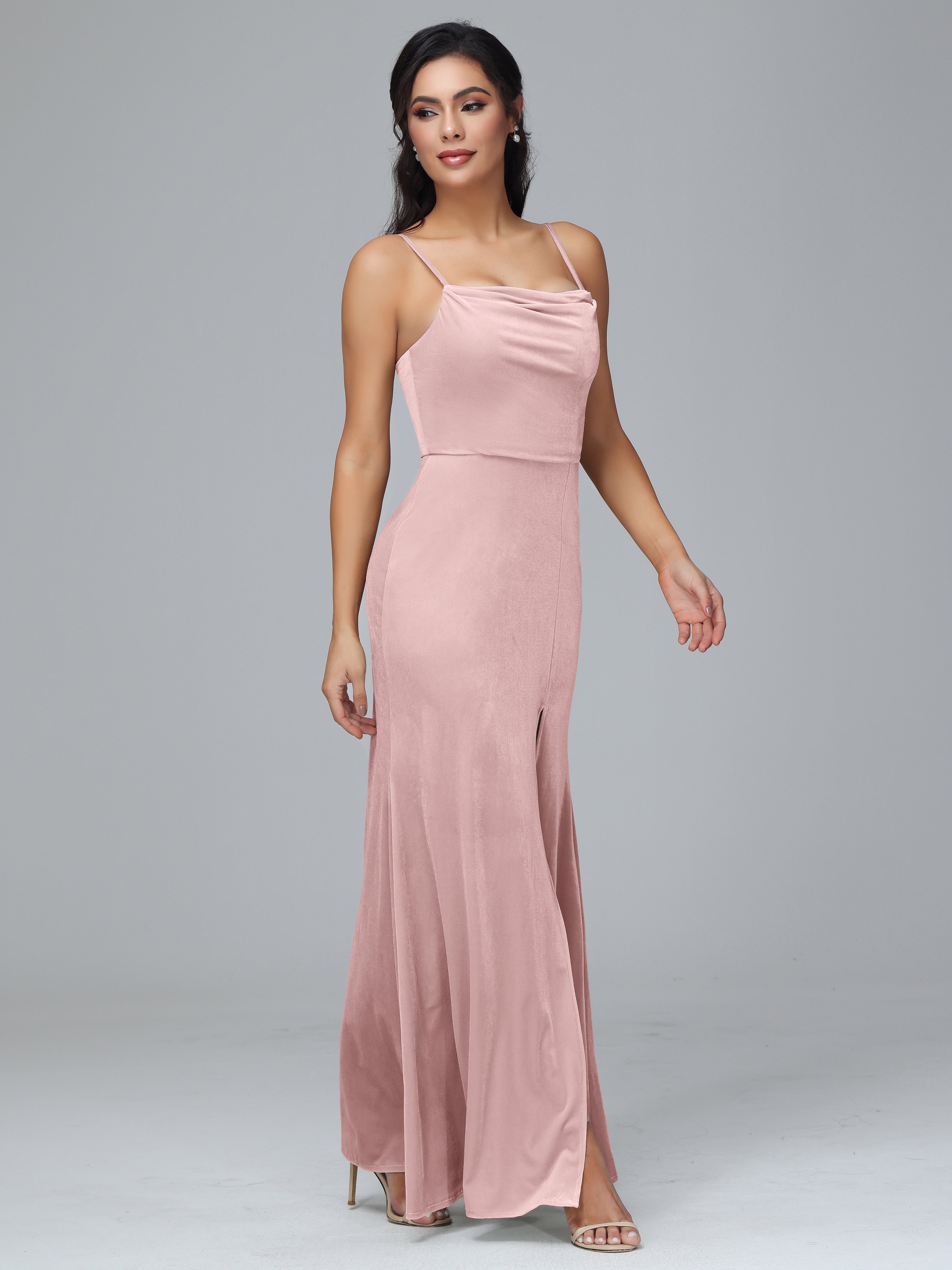 Spaghetti Straps Zipper Back Plus Size Velvet Bridesmaid Dress With Slit