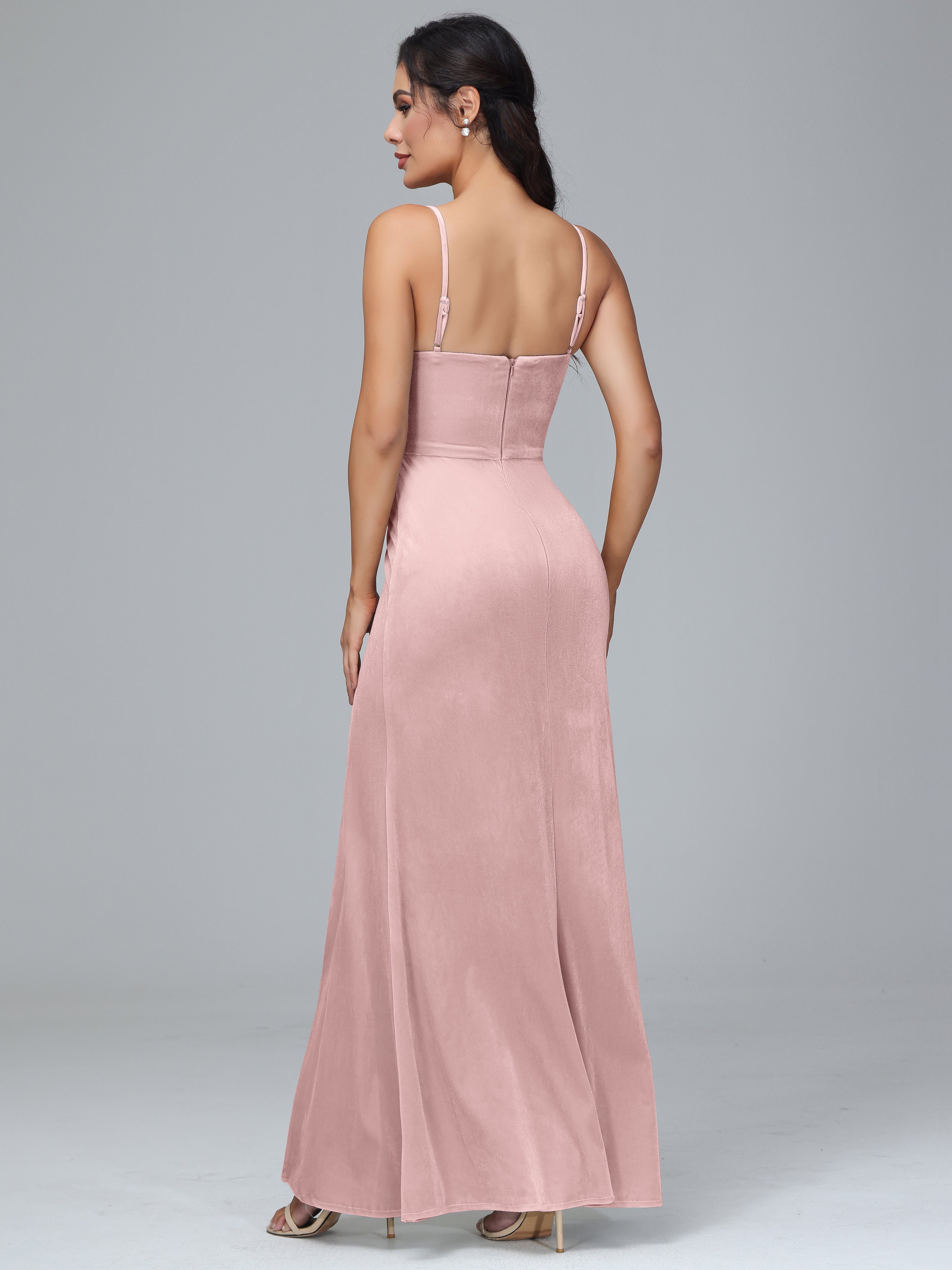 Spaghetti Straps Zipper Back Plus Size Velvet Bridesmaid Dress With Slit