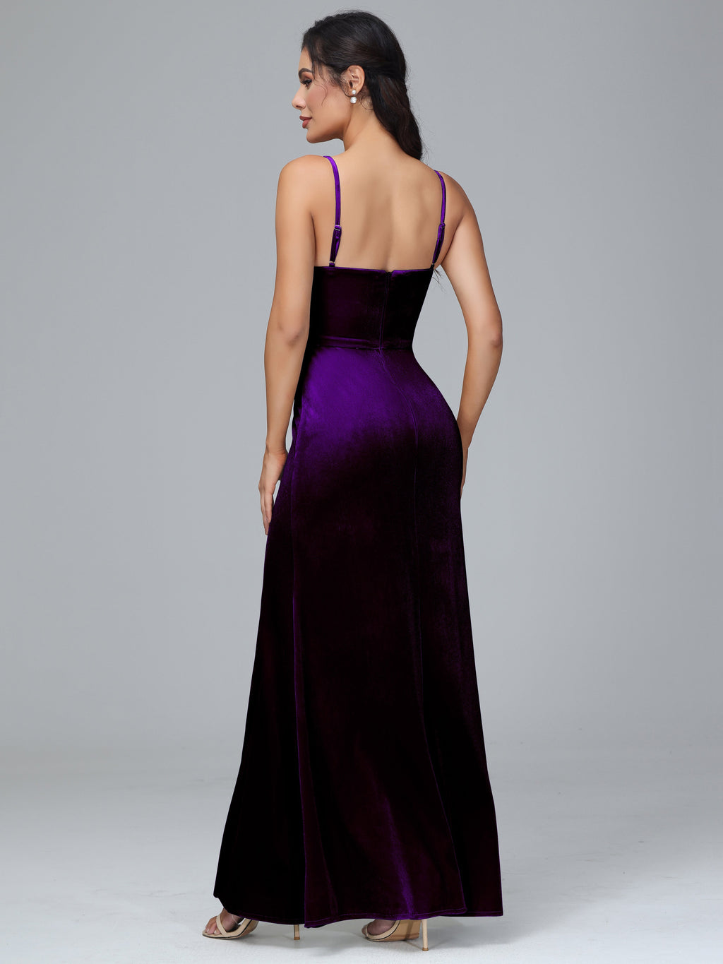 Spaghetti Straps Zipper Back Plus Size Velvet Bridesmaid Dress With Slit