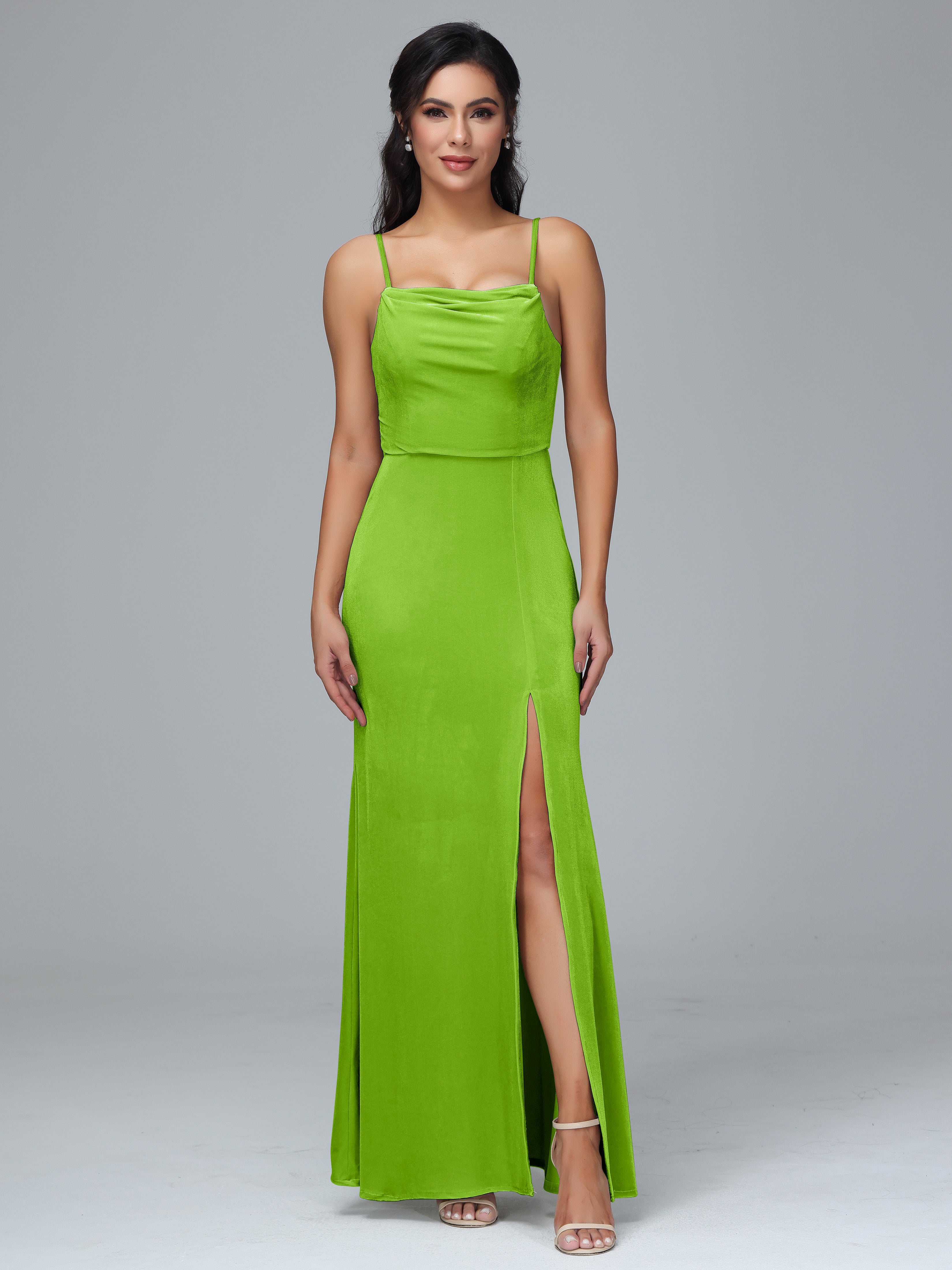 Spaghetti Straps Zipper Back Plus Size Velvet Bridesmaid Dress With Slit