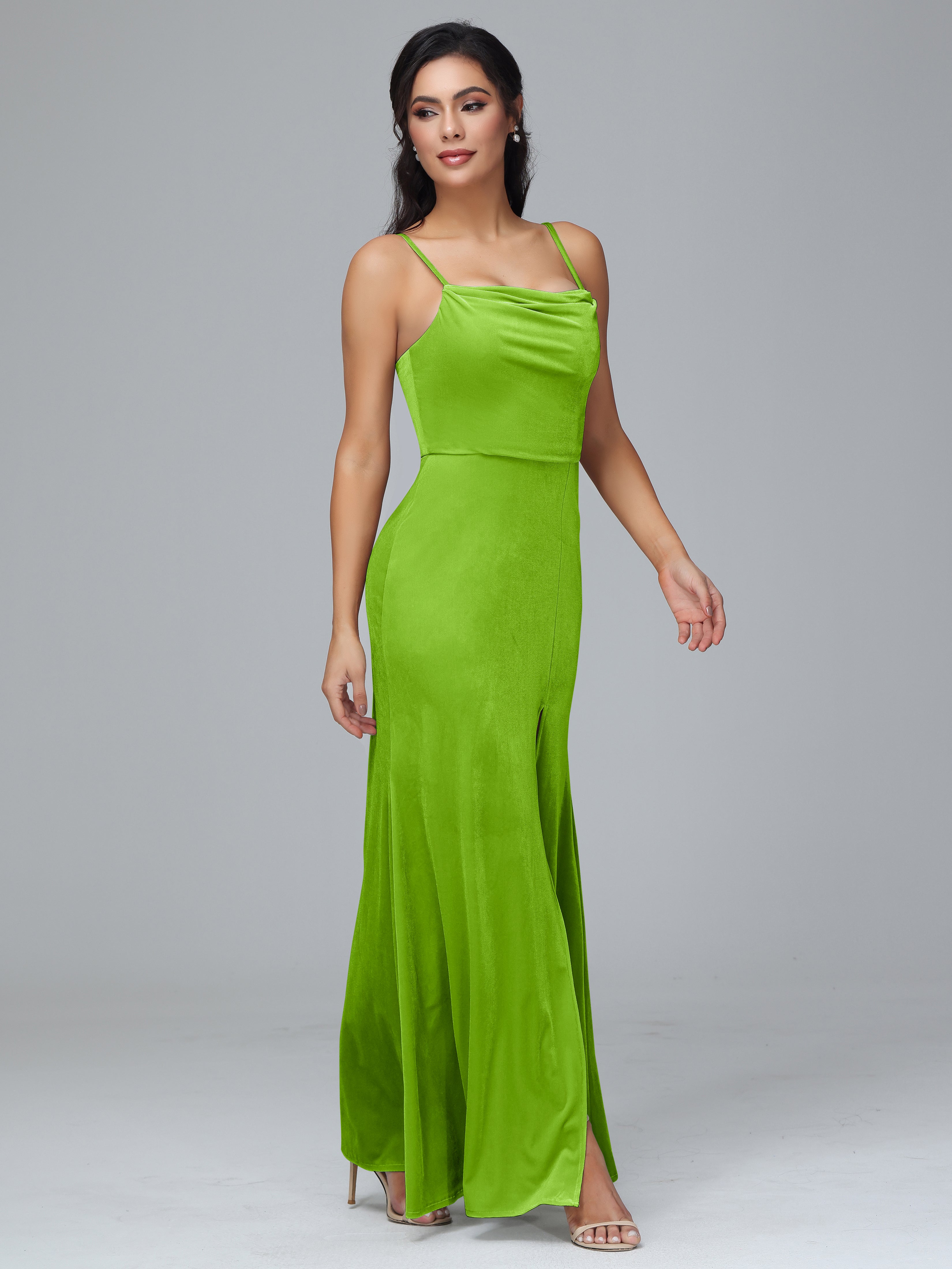 Spaghetti Straps Zipper Back Plus Size Velvet Bridesmaid Dress With Slit