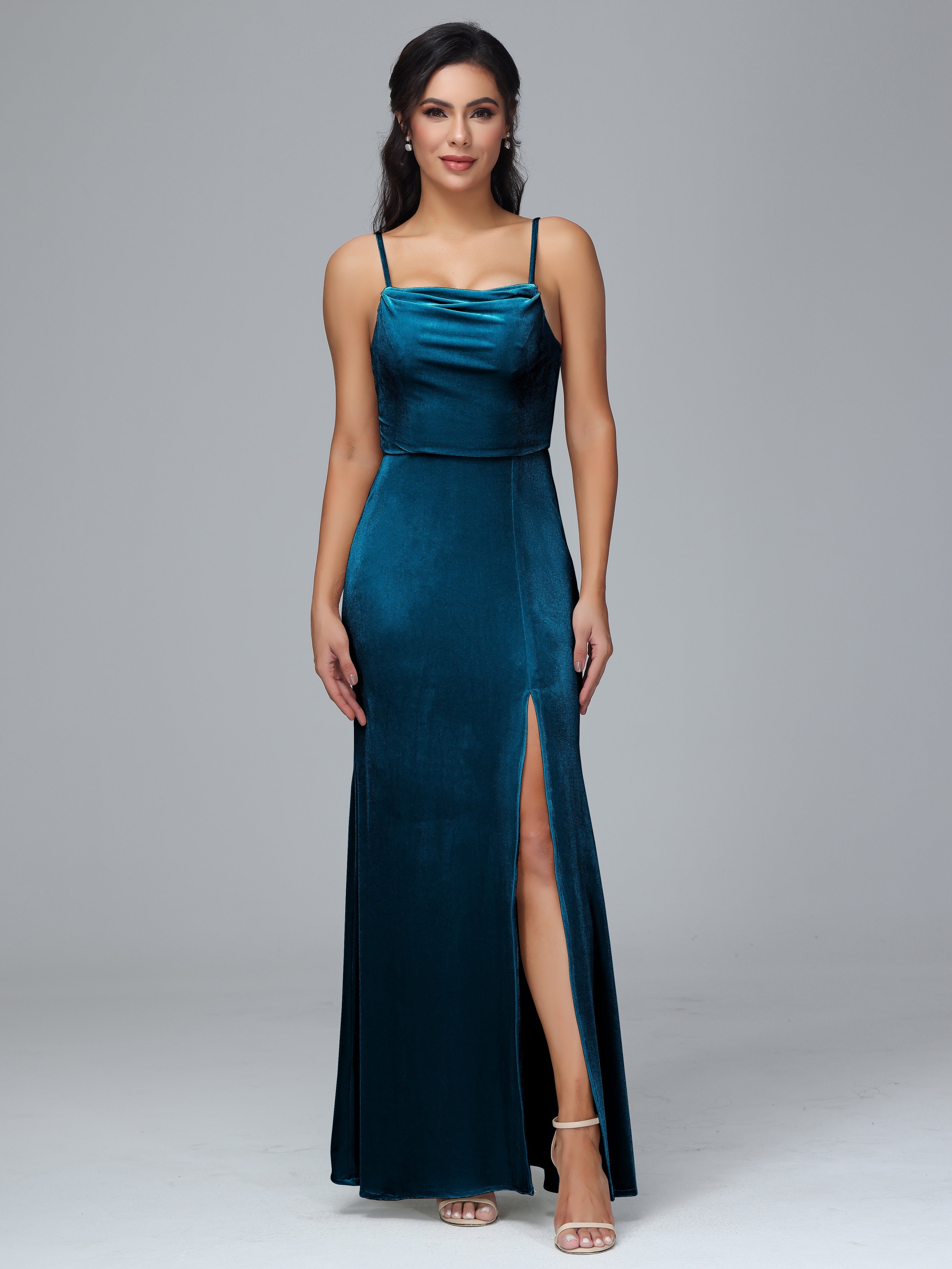 Spaghetti Straps Zipper Back Plus Size Velvet Bridesmaid Dress With Slit