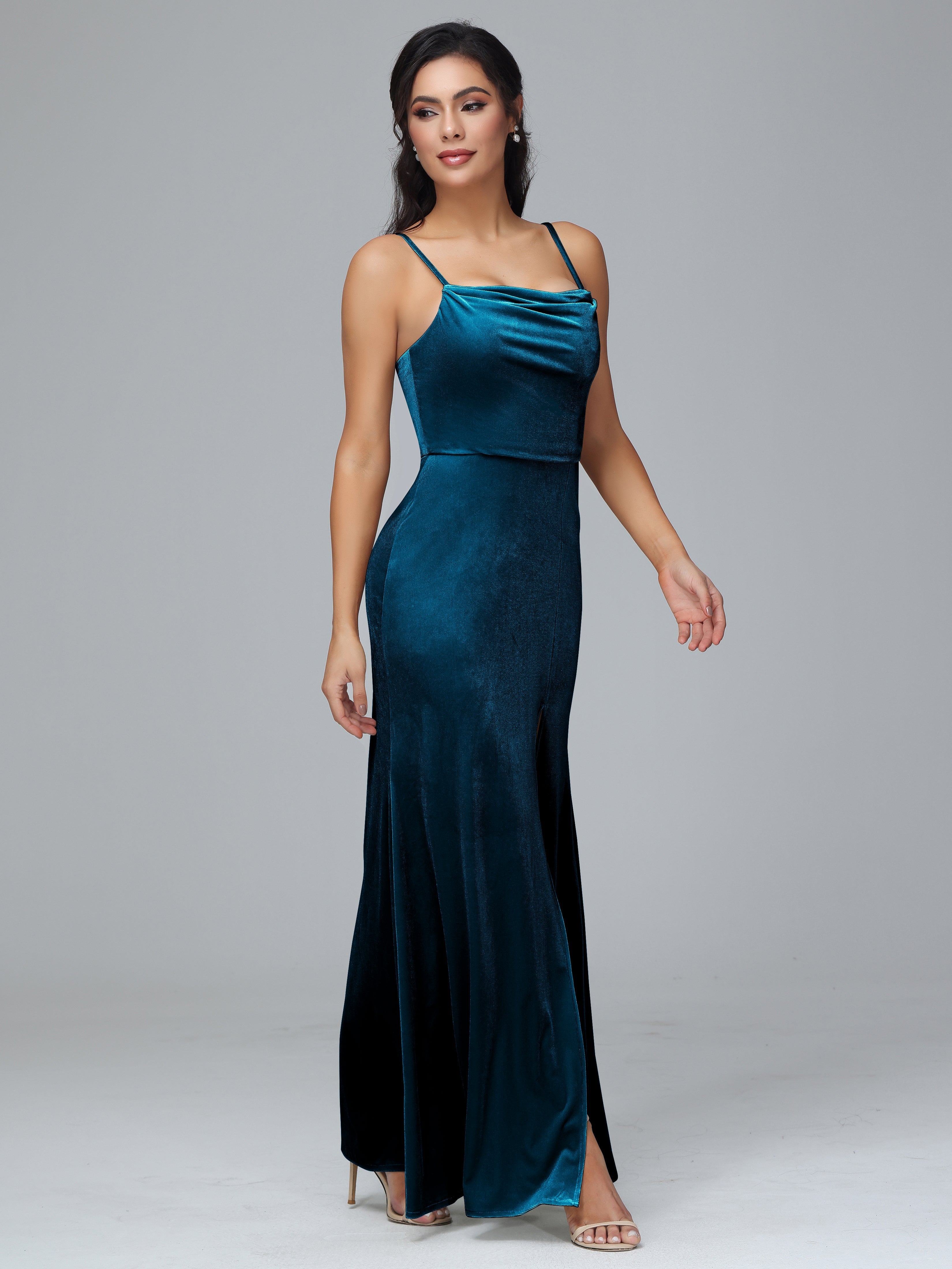 Spaghetti Straps Zipper Back Plus Size Velvet Bridesmaid Dress With Slit