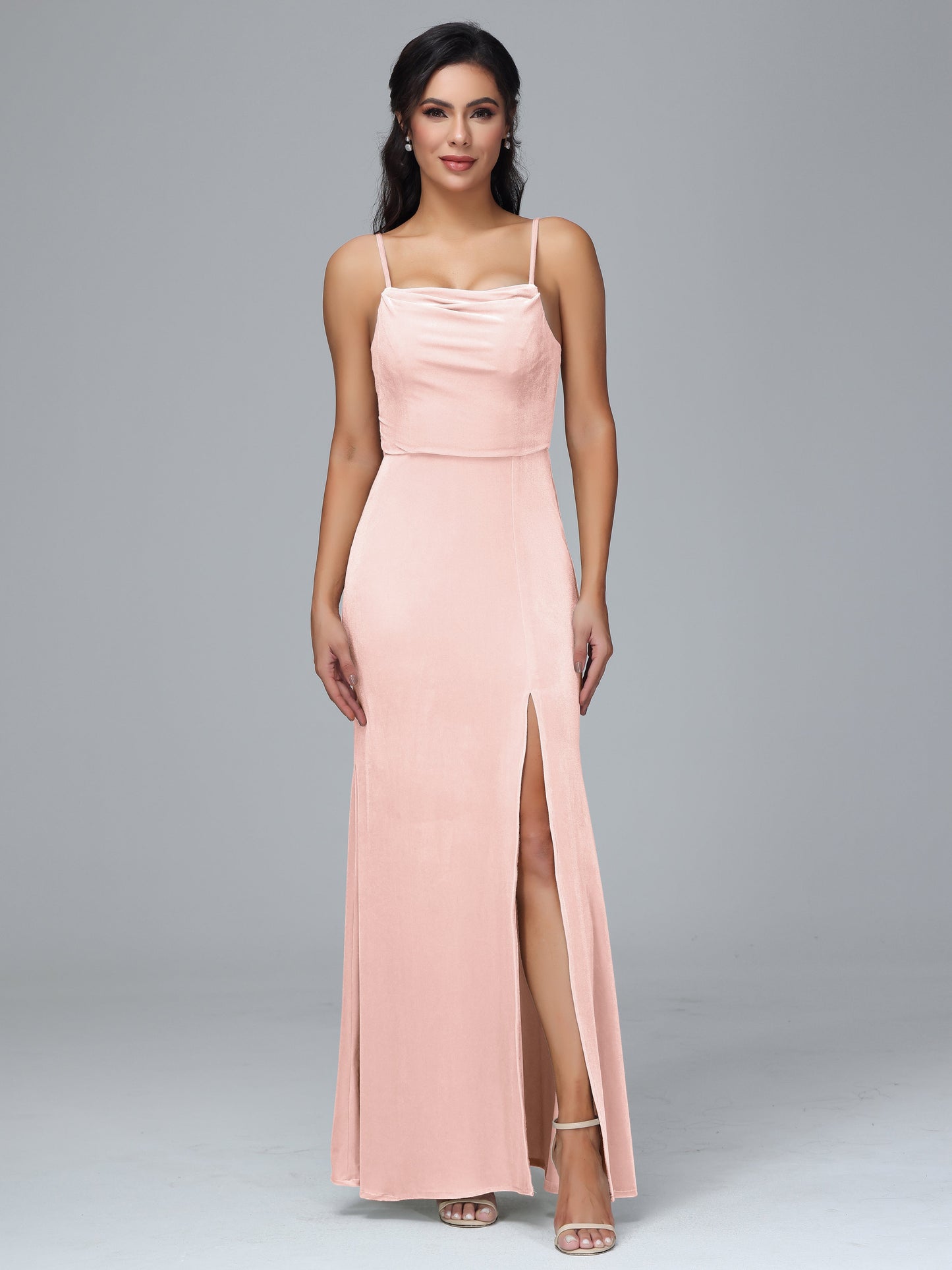 Spaghetti Straps Zipper Back Velvet Bridesmaid Dress With Slit