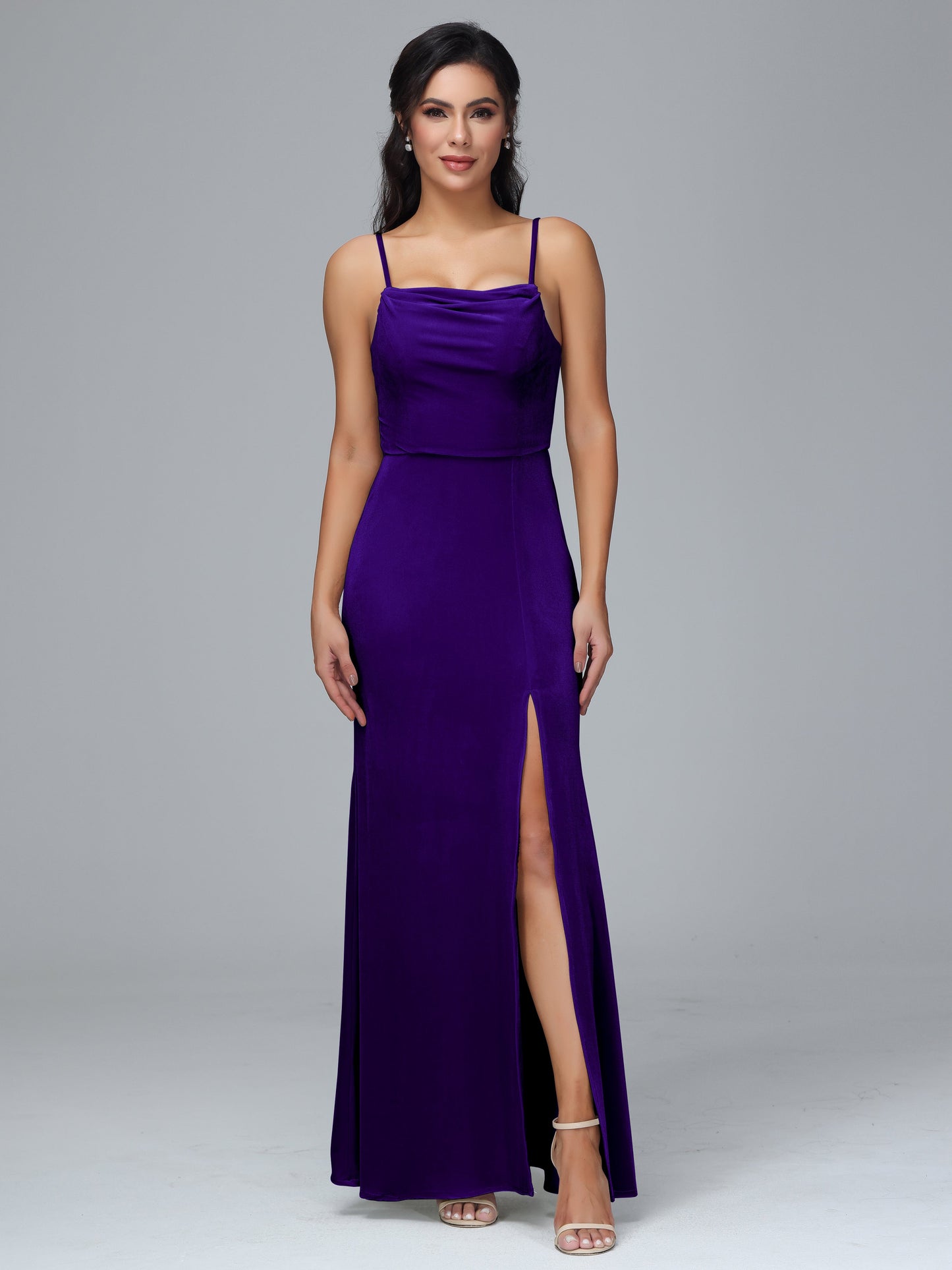 Spaghetti Straps Zipper Back Velvet Bridesmaid Dress With Slit