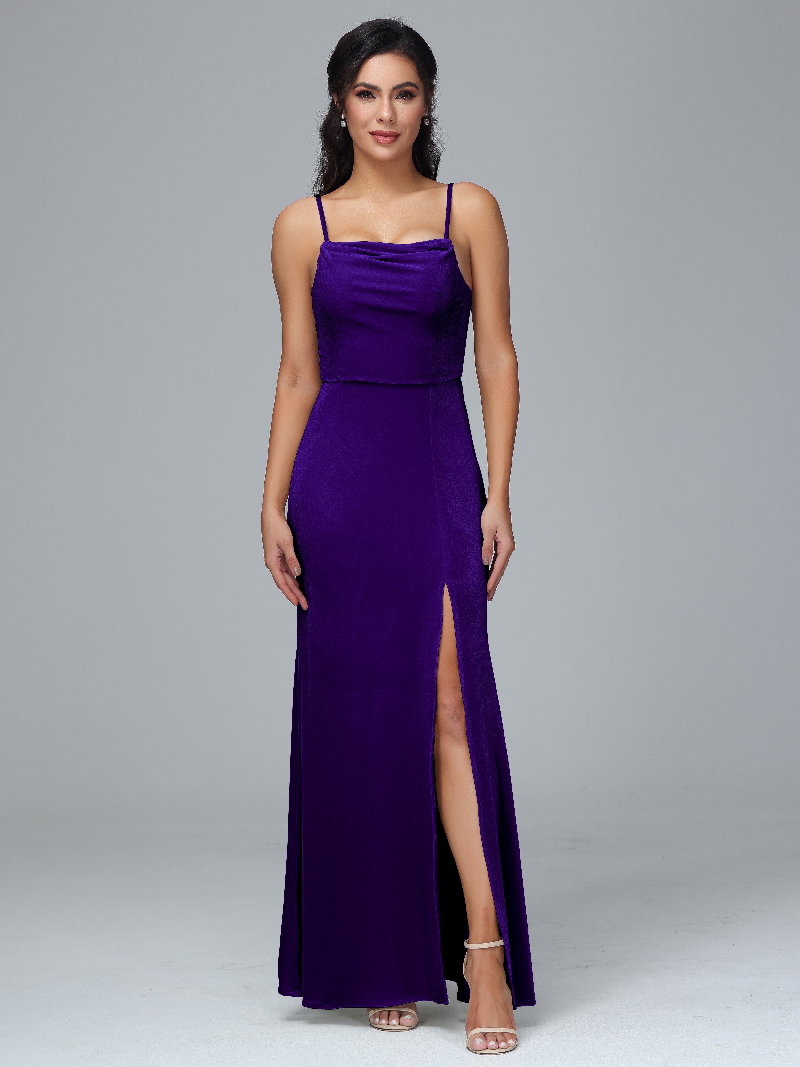 Spaghetti Straps Zipper Back Plus Size Velvet Bridesmaid Dress With Slit