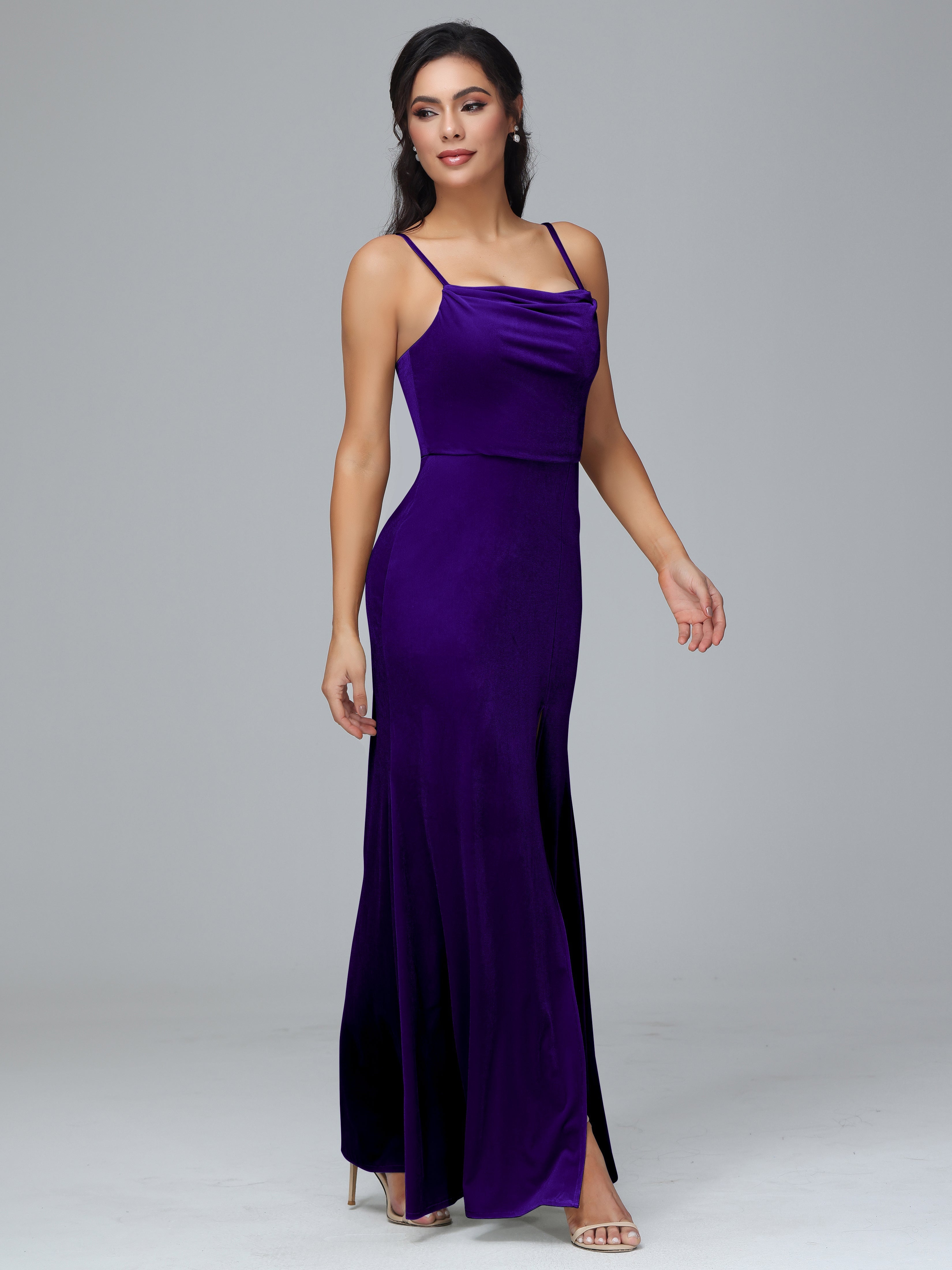 Spaghetti Straps Zipper Back Plus Size Velvet Bridesmaid Dress With Slit