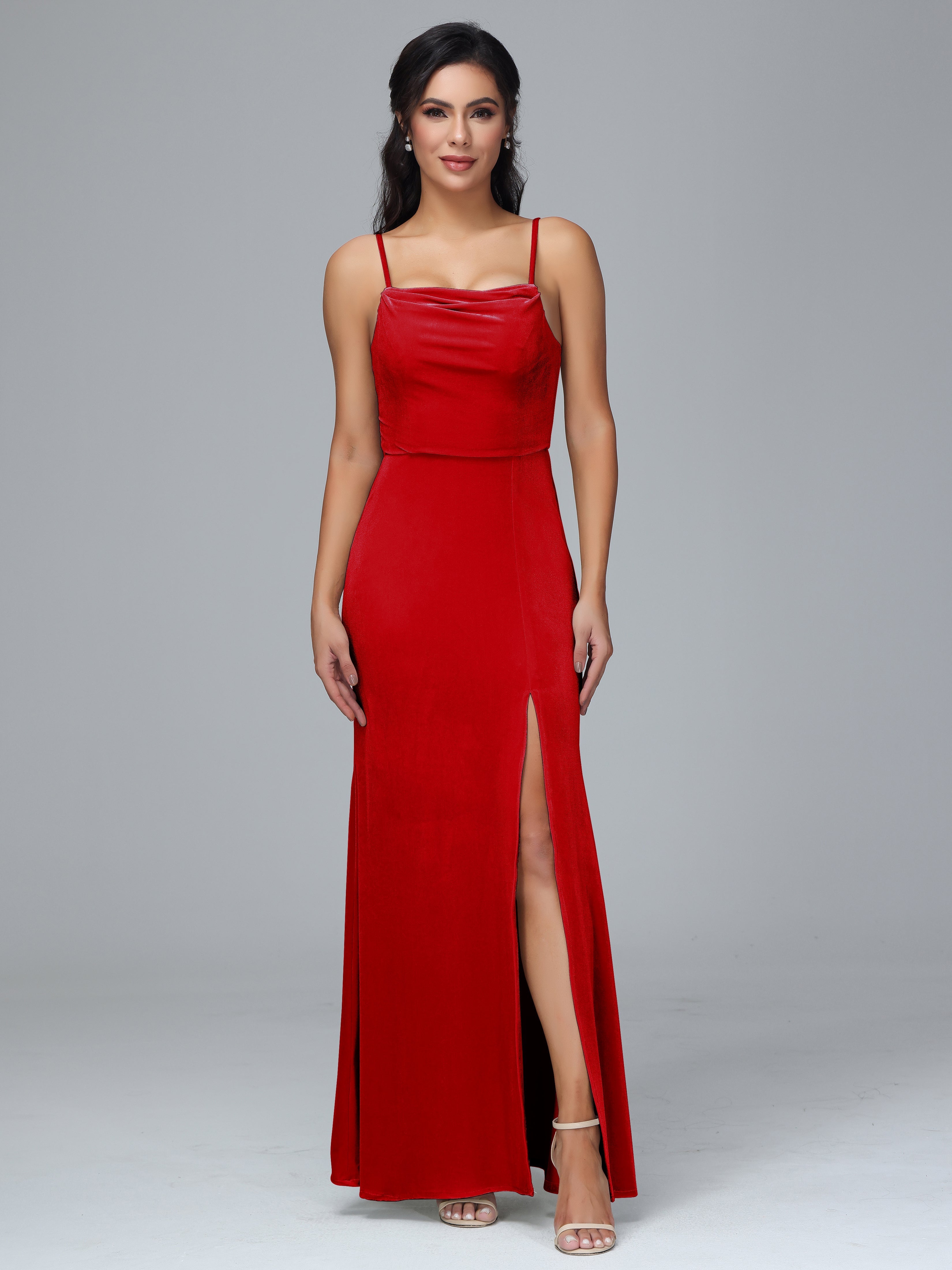 Spaghetti Straps Zipper Back Plus Size Velvet Bridesmaid Dress With Slit