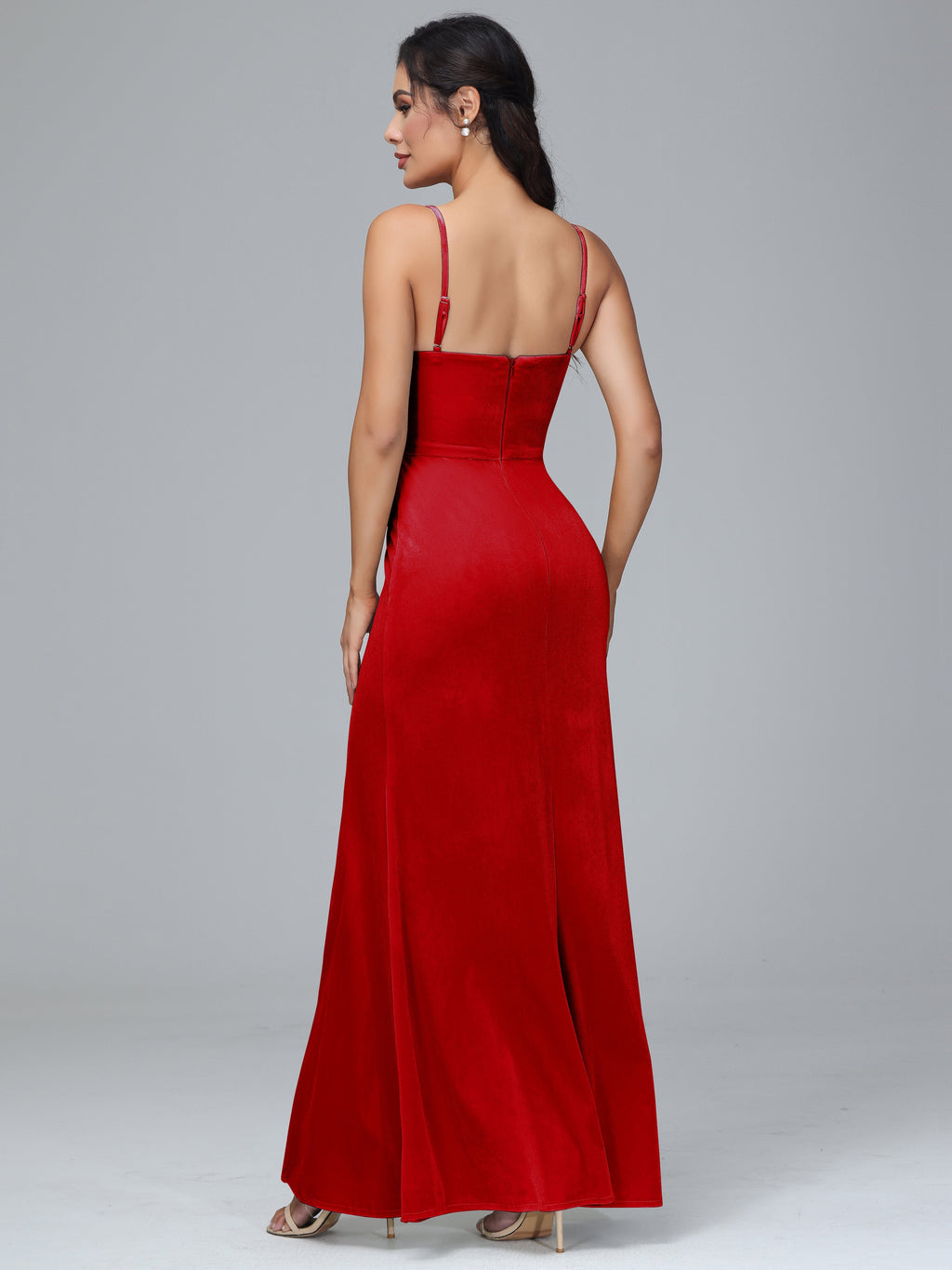 Spaghetti Straps Zipper Back Plus Size Velvet Bridesmaid Dress With Slit