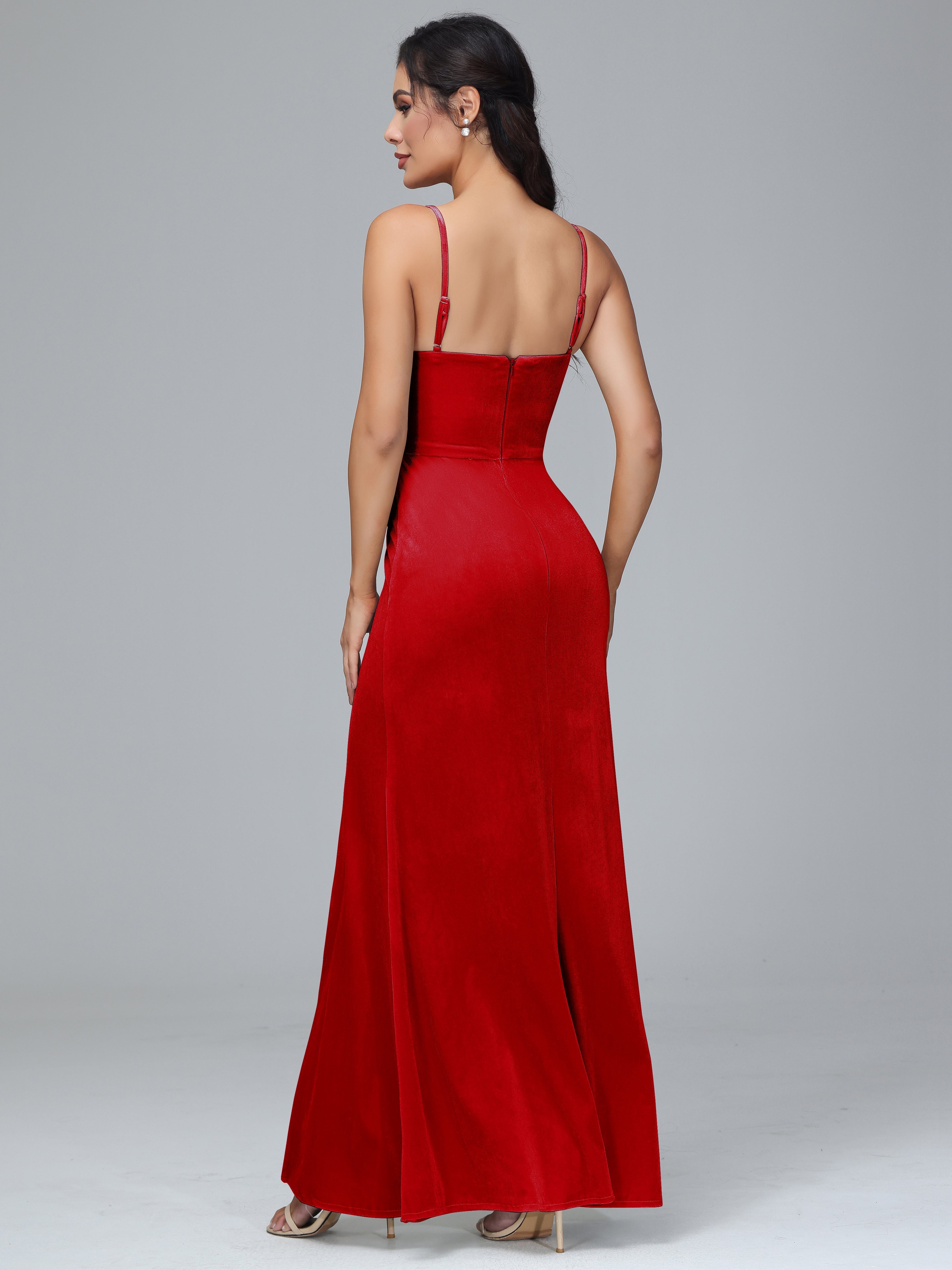Spaghetti Straps Zipper Back Plus Size Velvet Bridesmaid Dress With Slit