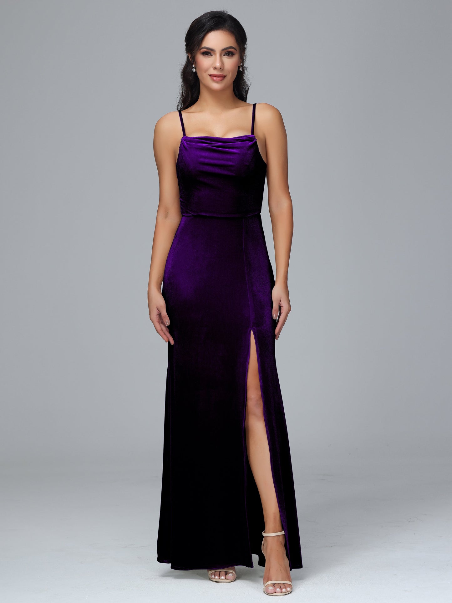 Spaghetti Straps Zipper Back Velvet Bridesmaid Dress With Slit