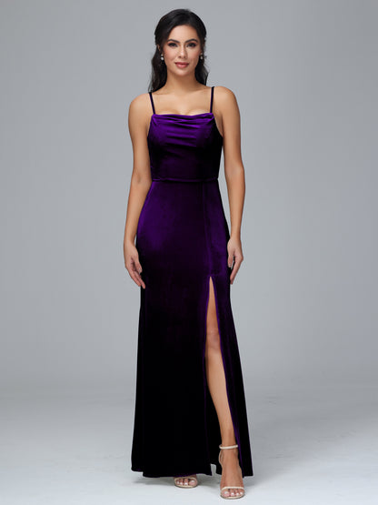 Spaghetti Straps Zipper Back Velvet Bridesmaid Dress With Slit