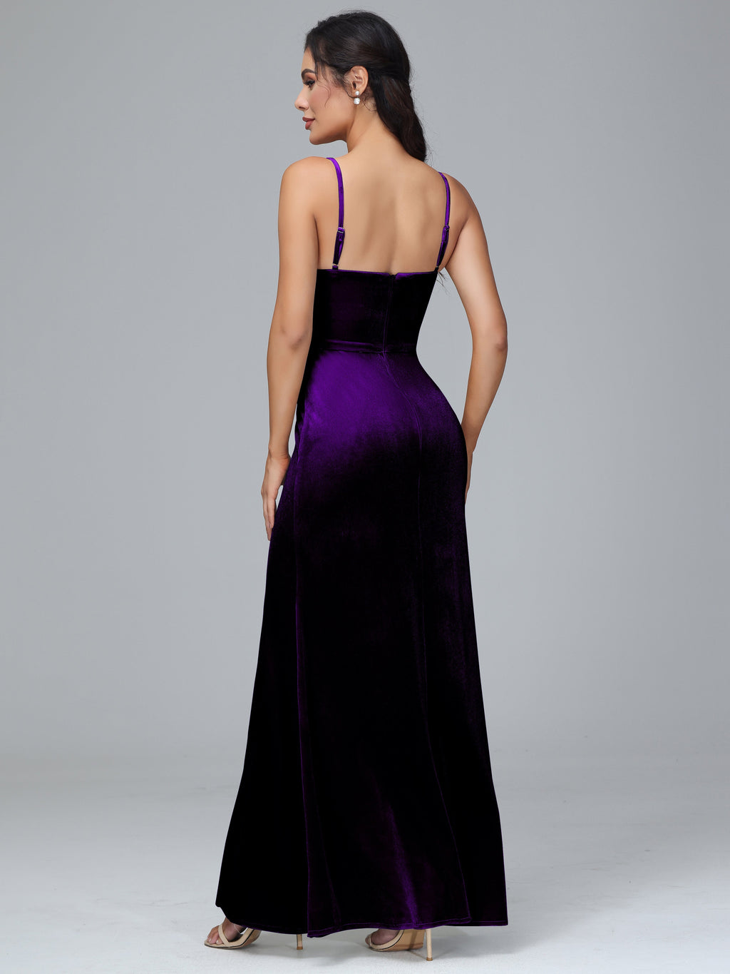 Spaghetti Straps Zipper Back Plus Size Velvet Bridesmaid Dress With Slit