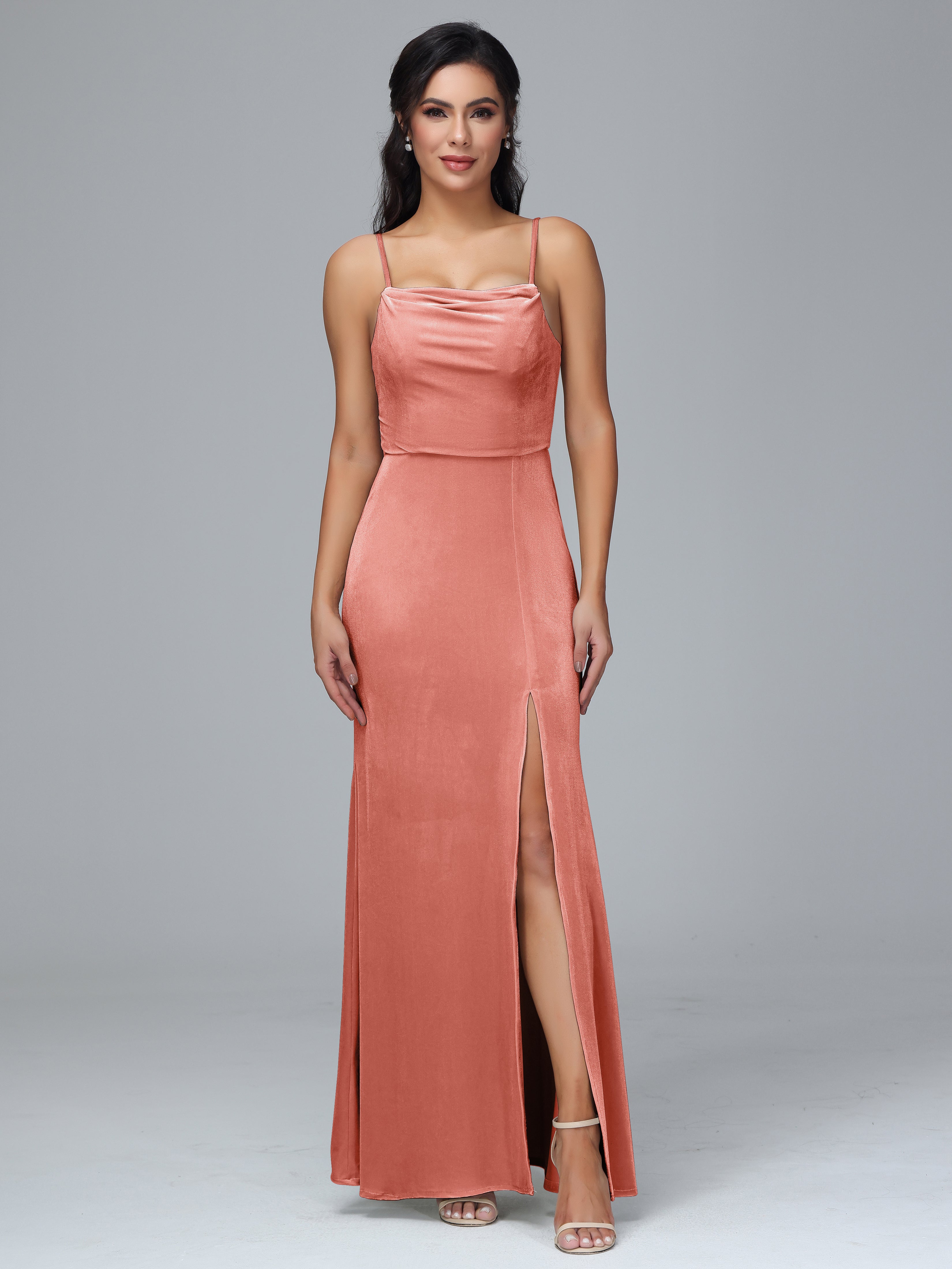 Spaghetti Straps Zipper Back Plus Size Velvet Bridesmaid Dress With Slit