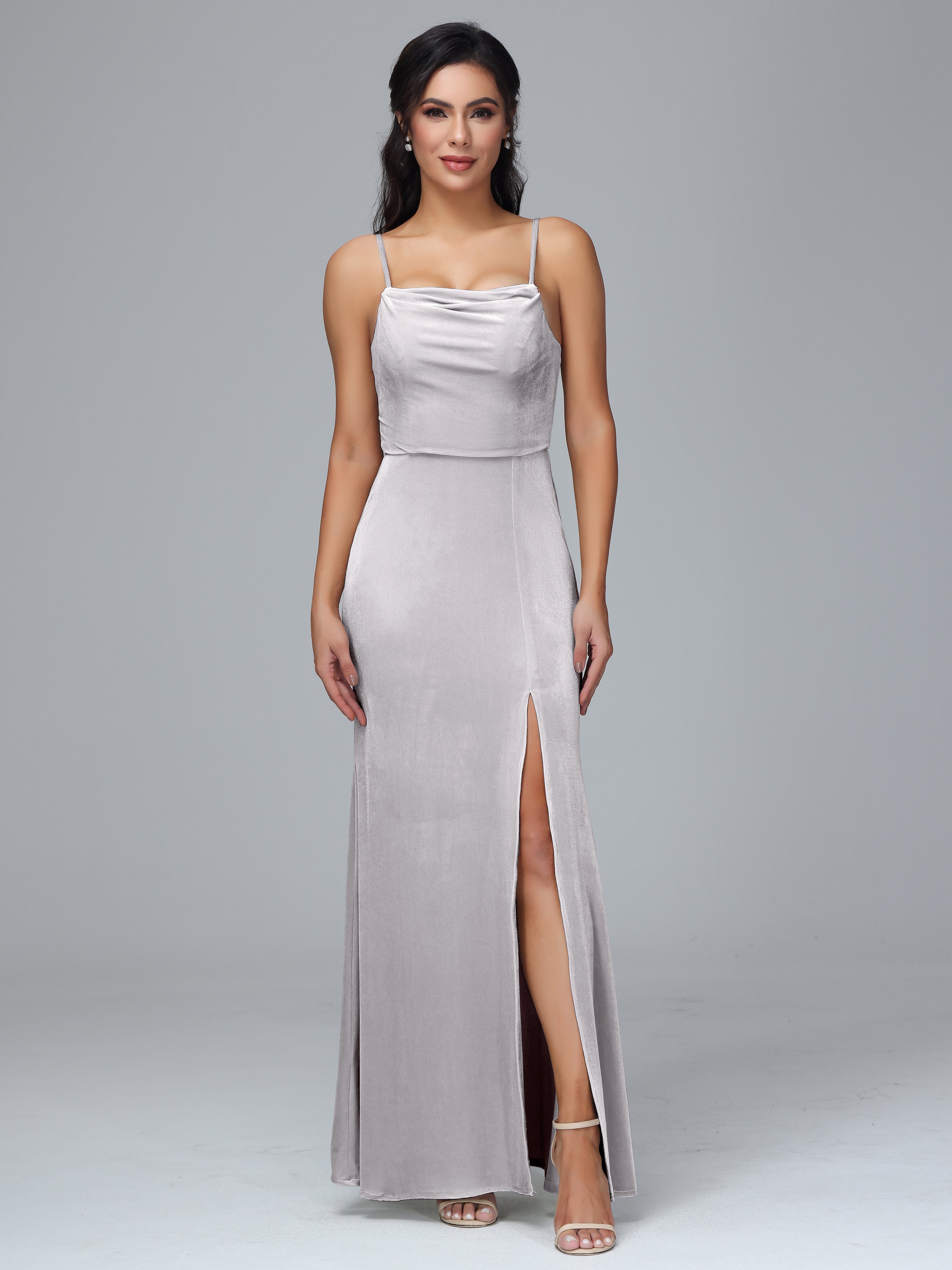 Spaghetti Straps Zipper Back Plus Size Velvet Bridesmaid Dress With Slit