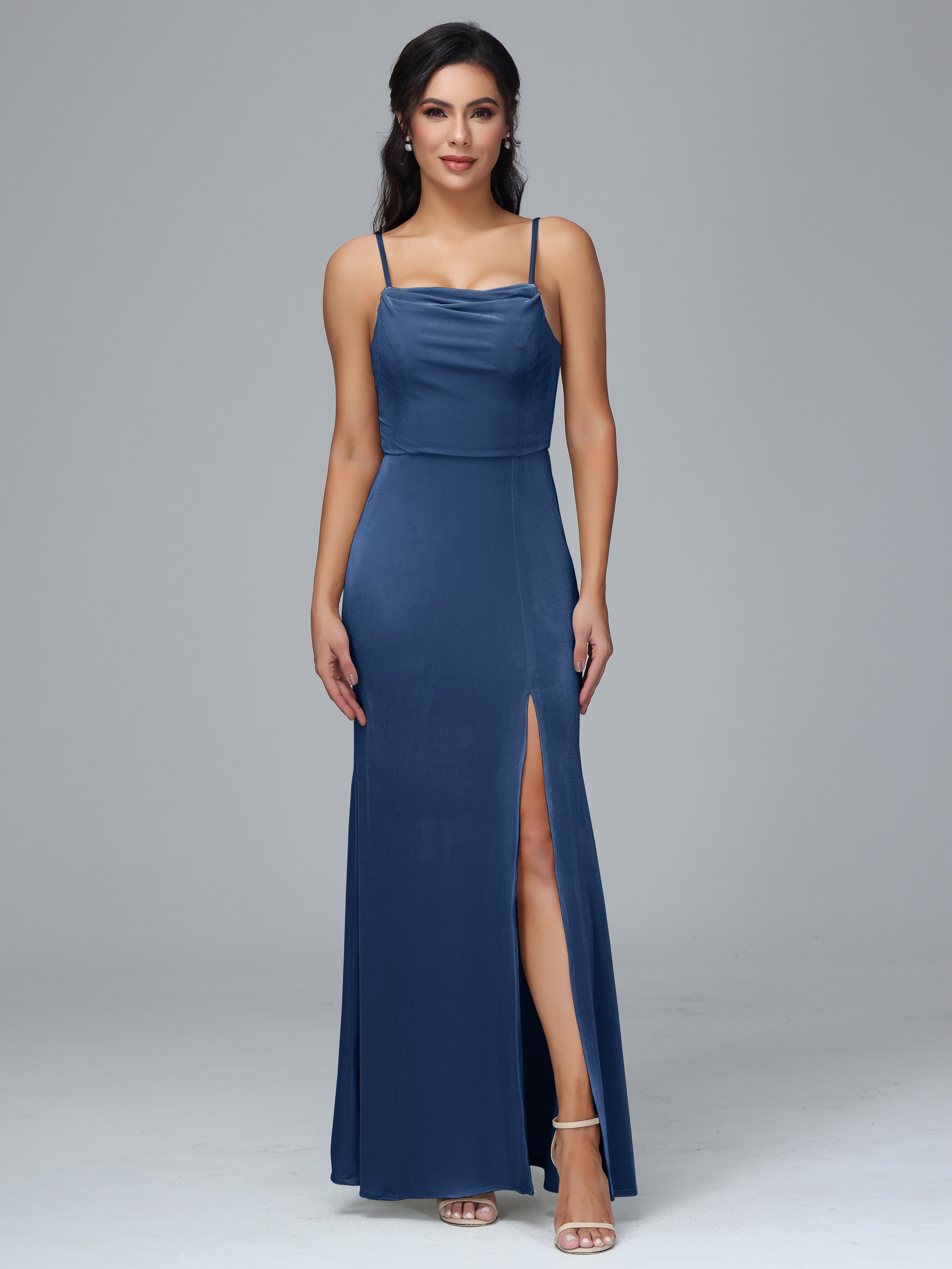 Spaghetti Straps Zipper Back Velvet Bridesmaid Dress With Slit