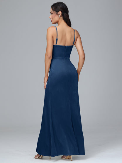 Spaghetti Straps Zipper Back Velvet Bridesmaid Dress With Slit
